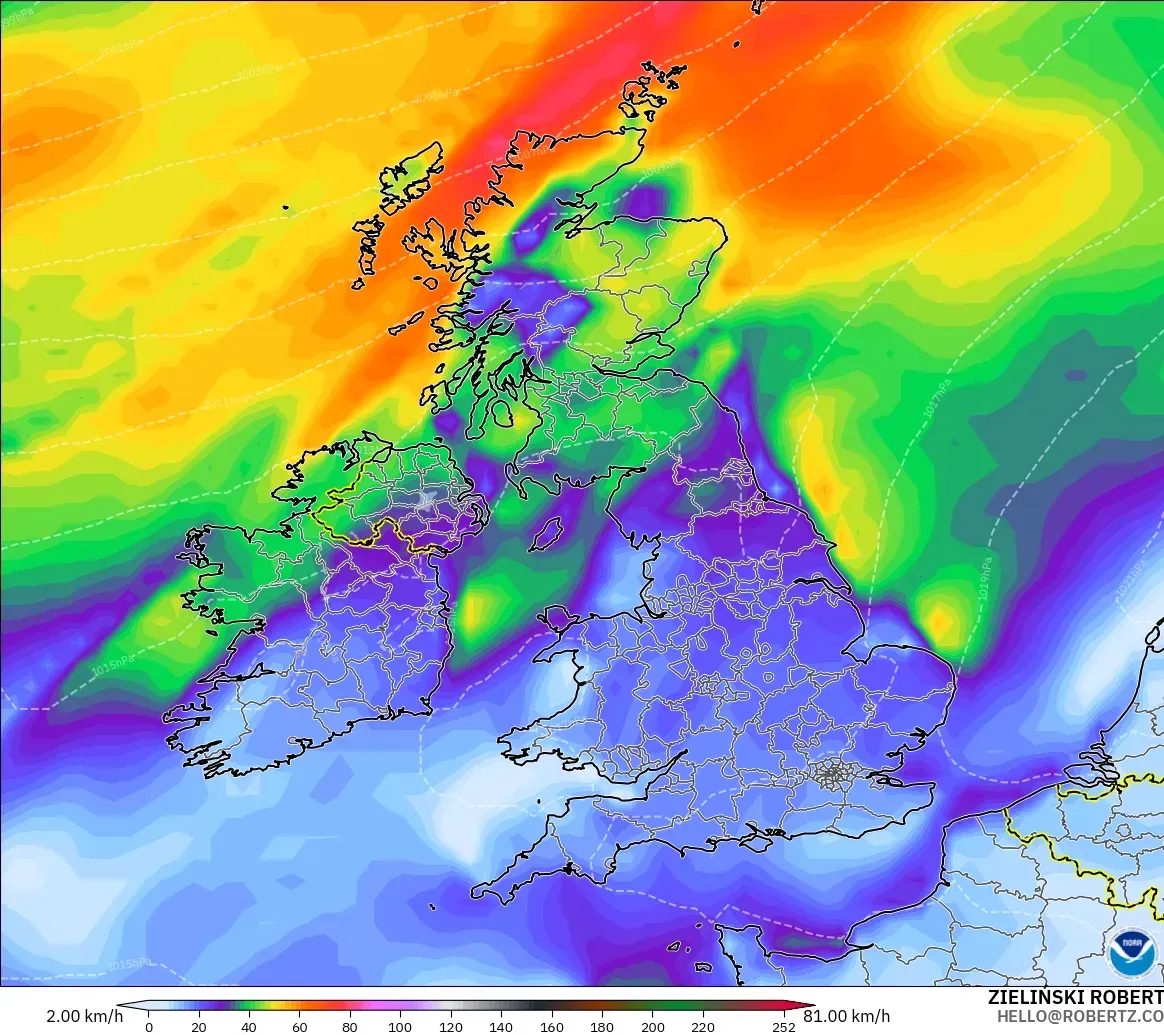 GFS modelo - Reino Unido, Ráfagas de Viento Máximas