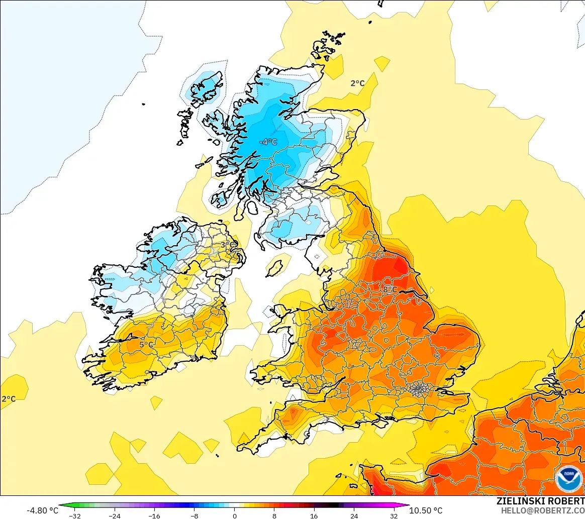 GFS modelo - Reino Unido, Anomalía de temperatura a 2 m