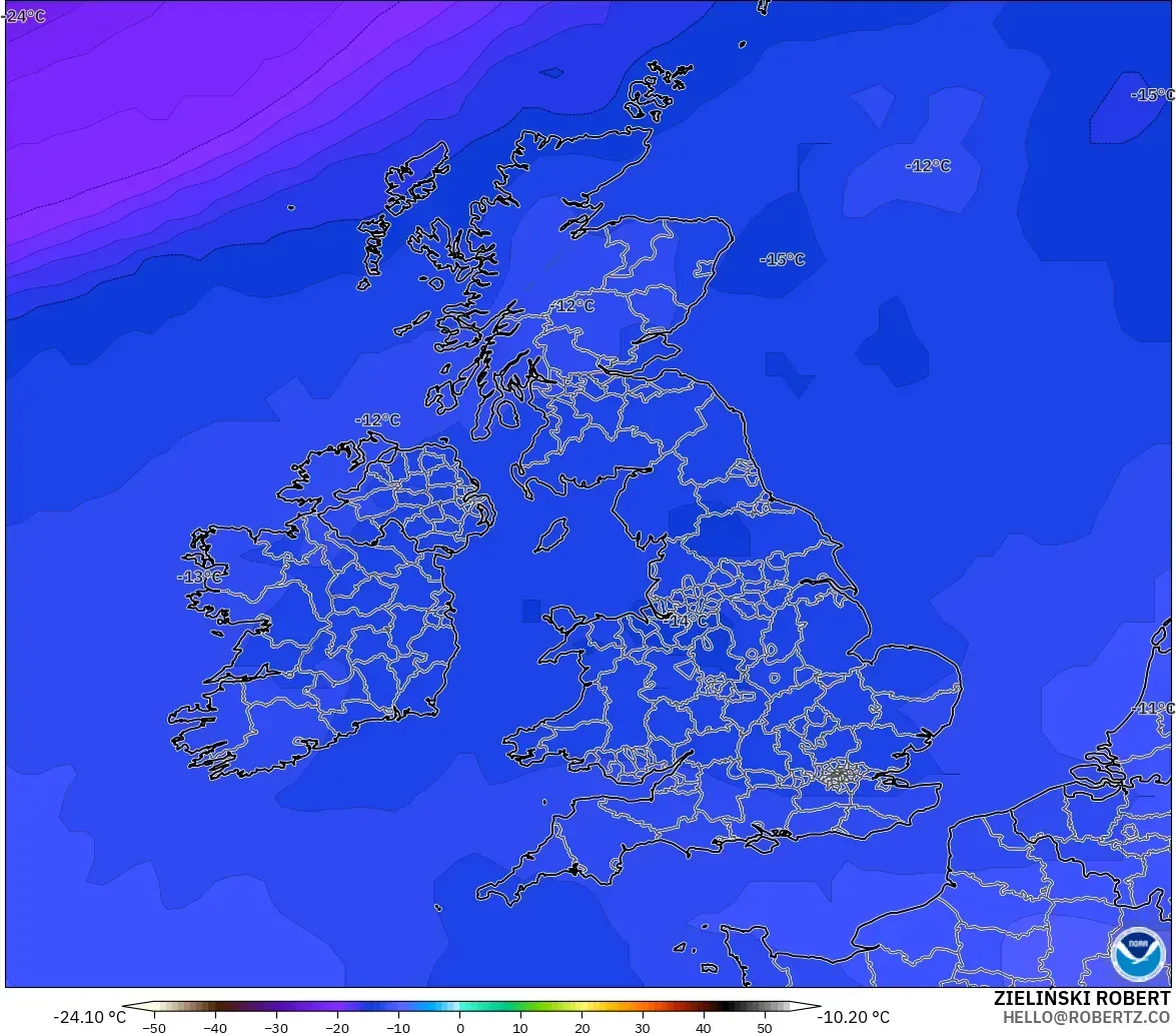 GFS modelo - Reino Unido, Temperatura a 500 hPa