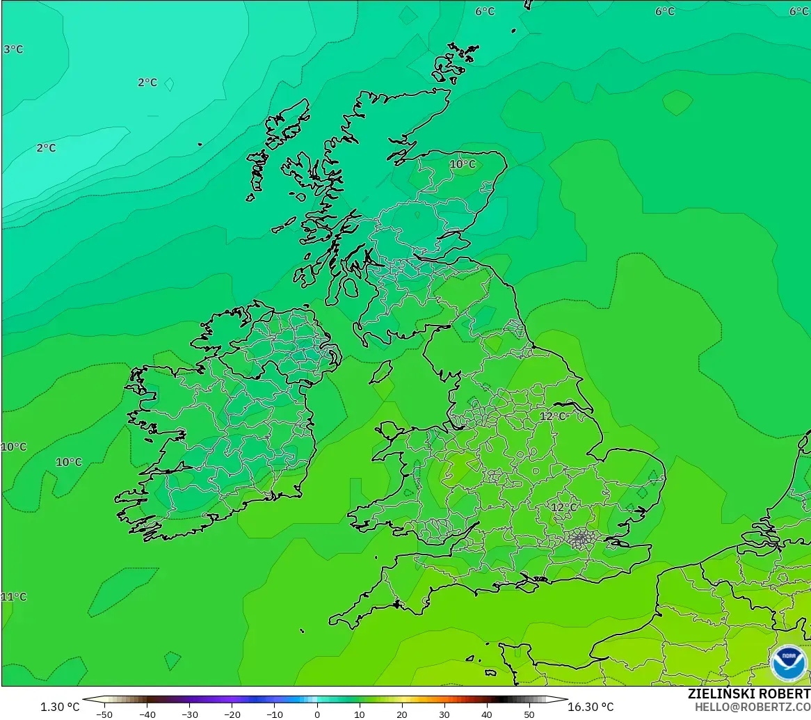 GFS modelo - Reino Unido, Temperatura a 850 hPa