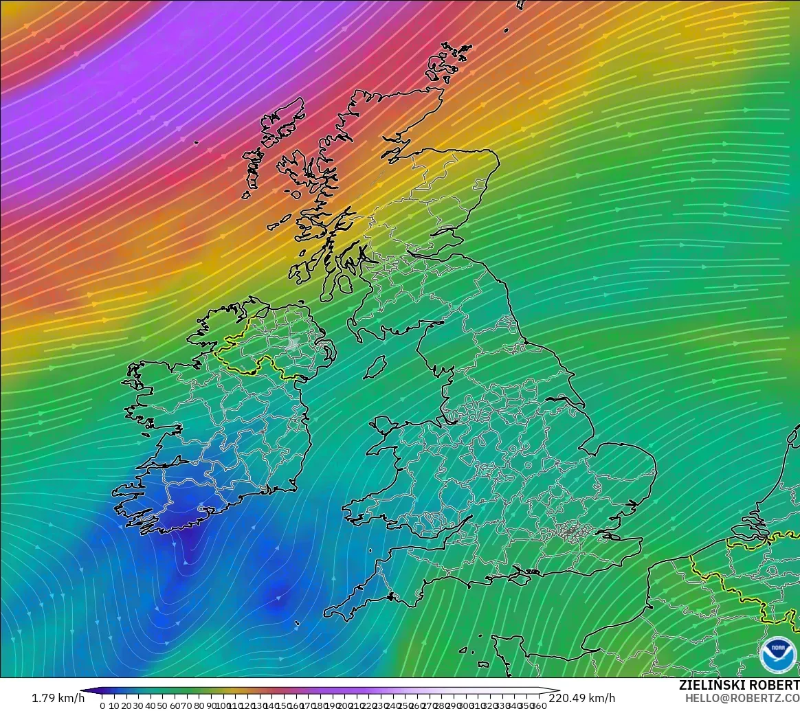 GFS modelo - Reino Unido, Viento a 300 hPa (corriente en chorro)