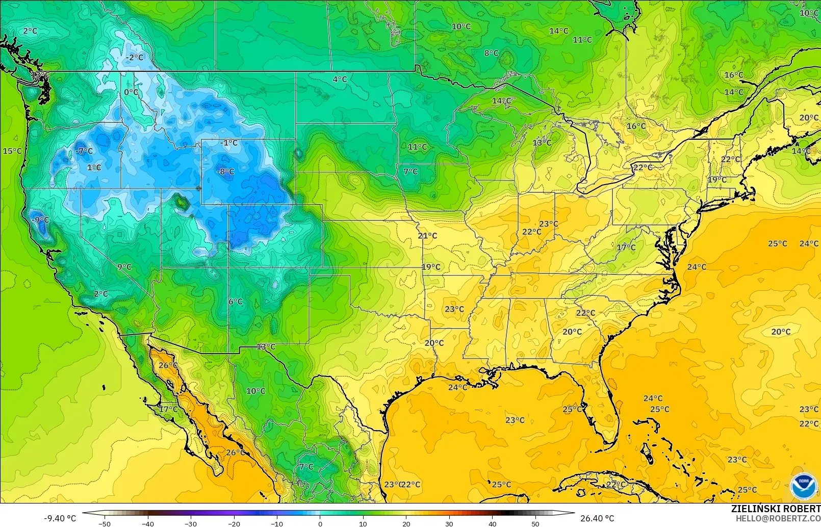 GFS modelo - Estados Unidos, Punto de rocío a 2 m