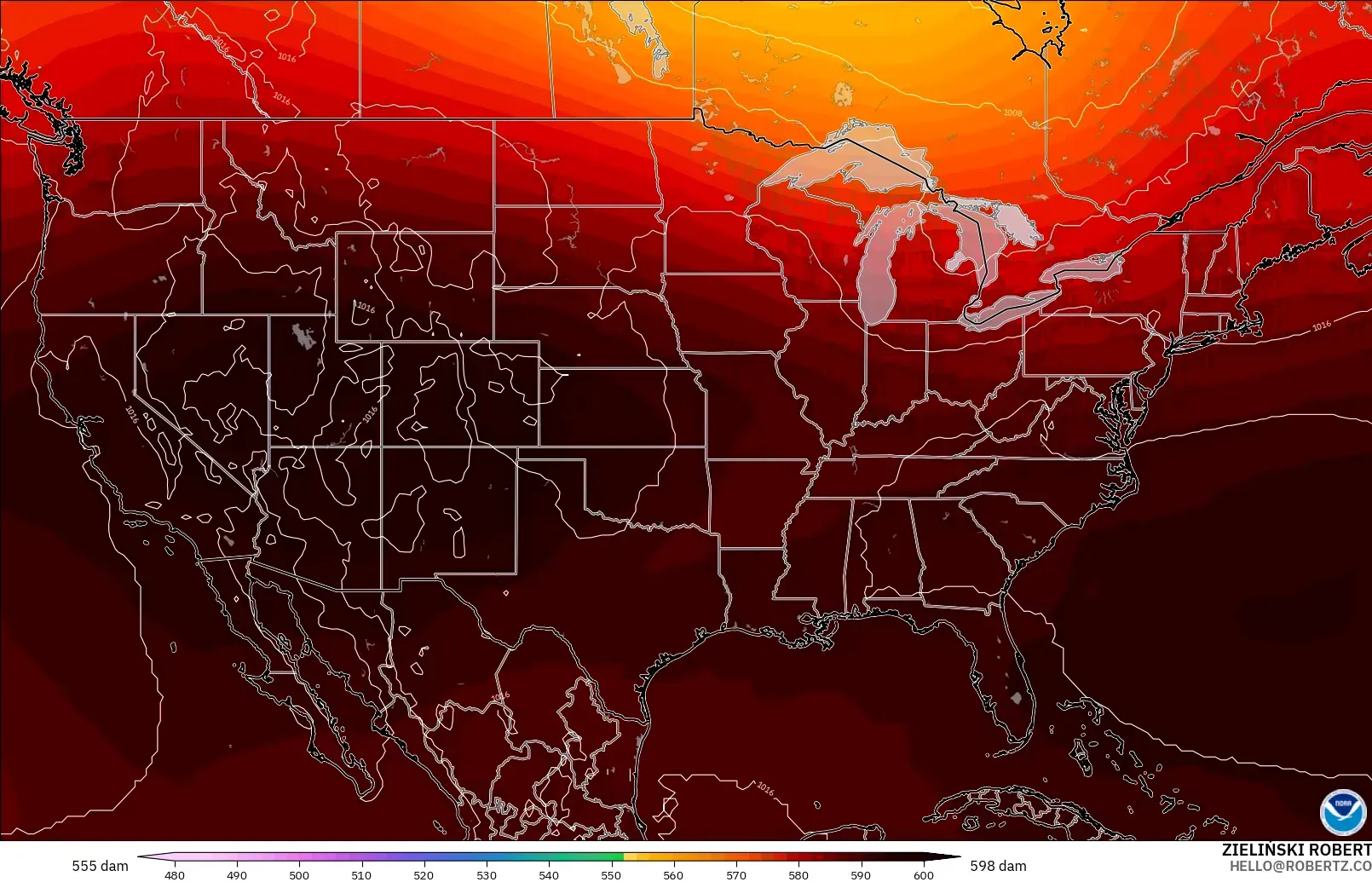 GFS modelo - Estados Unidos, Altura geopotencial a 500 hPa
