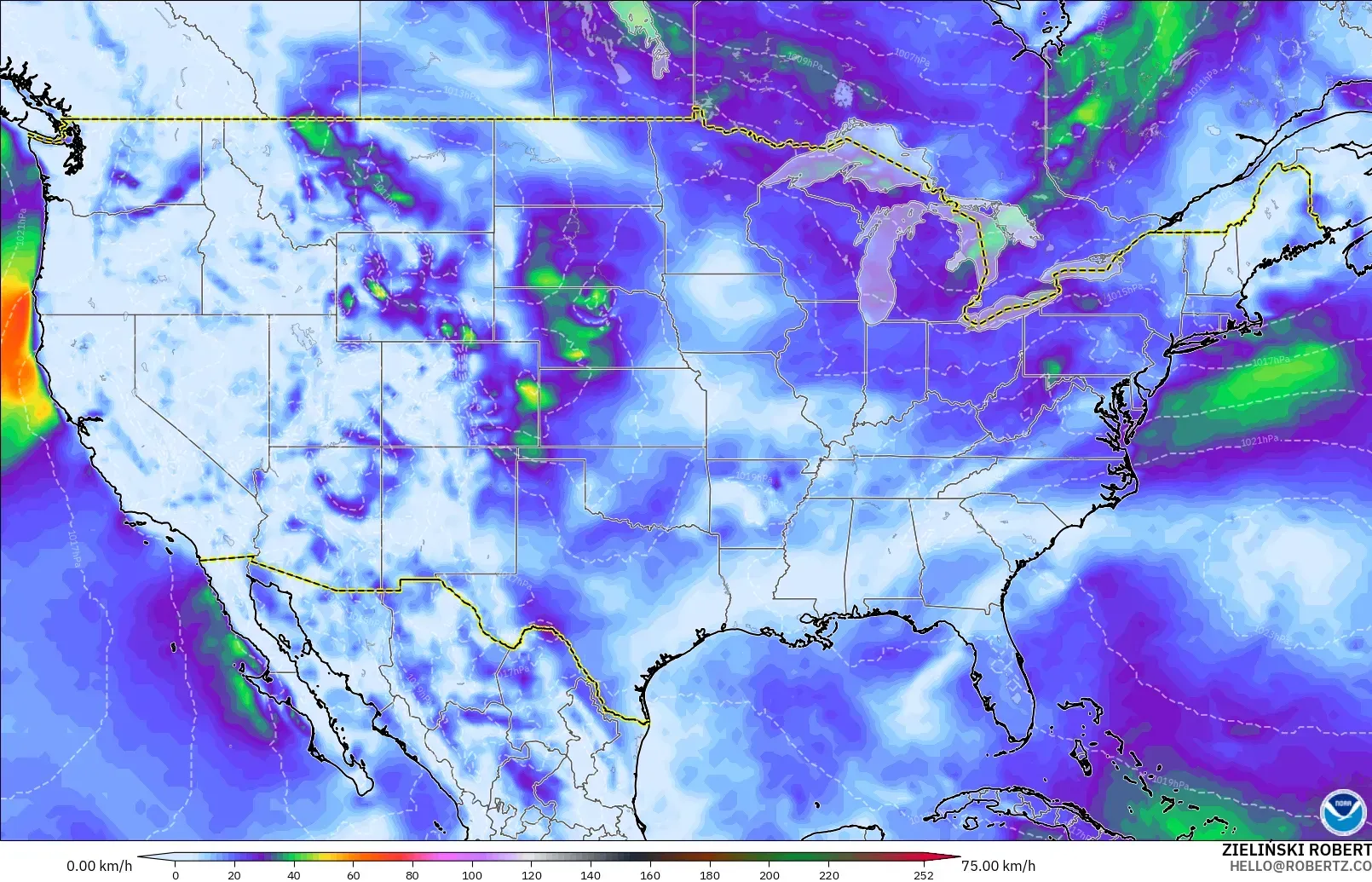 GFS modelo - Estados Unidos, Ráfagas de Viento Máximas