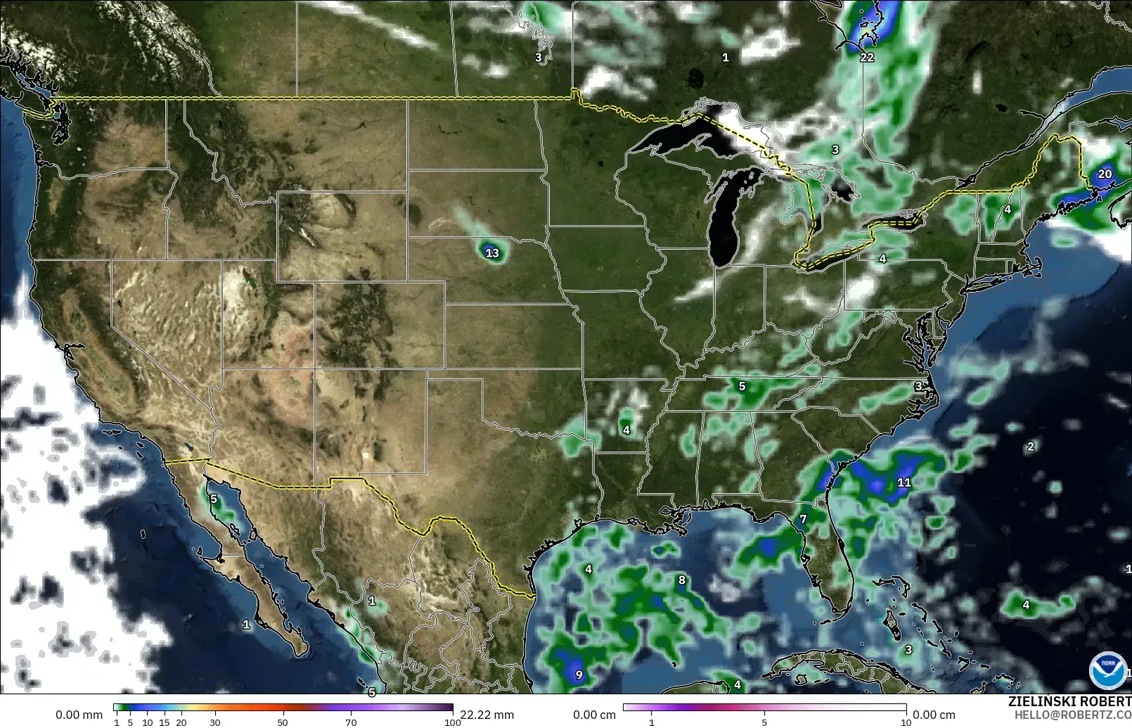GFS modelo - Estados Unidos, Precipitación, nubes y presión