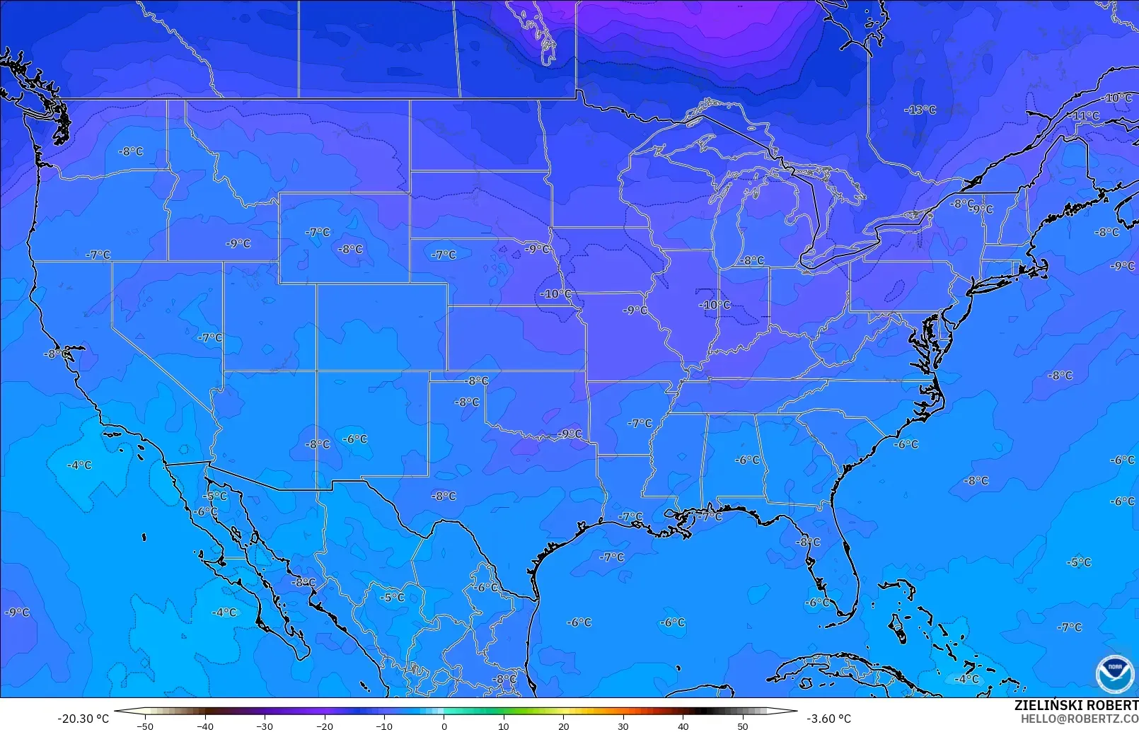 GFS modelo - Estados Unidos, Temperatura a 500 hPa