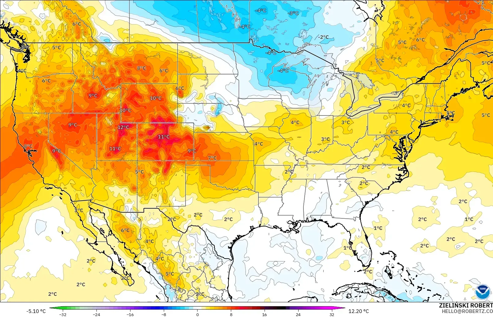 GFS modelo - Estados Unidos, Anomalía de temperatura a 850 hPa