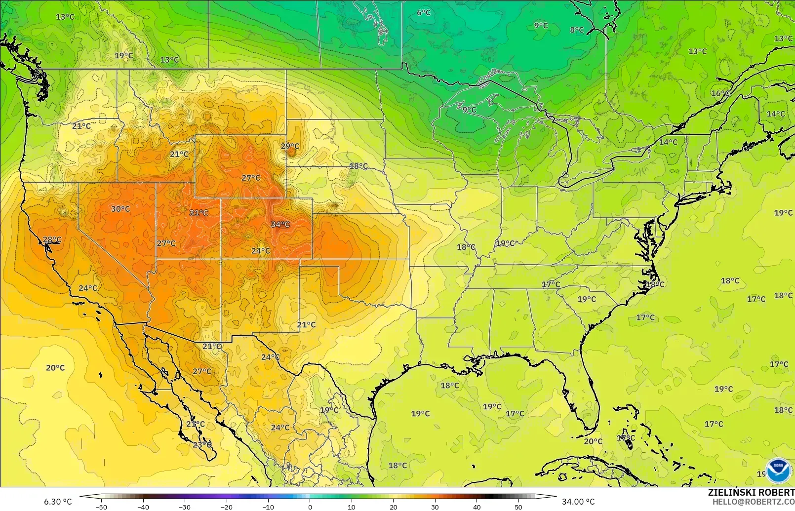 GFS modelo - Estados Unidos, Temperatura a 850 hPa