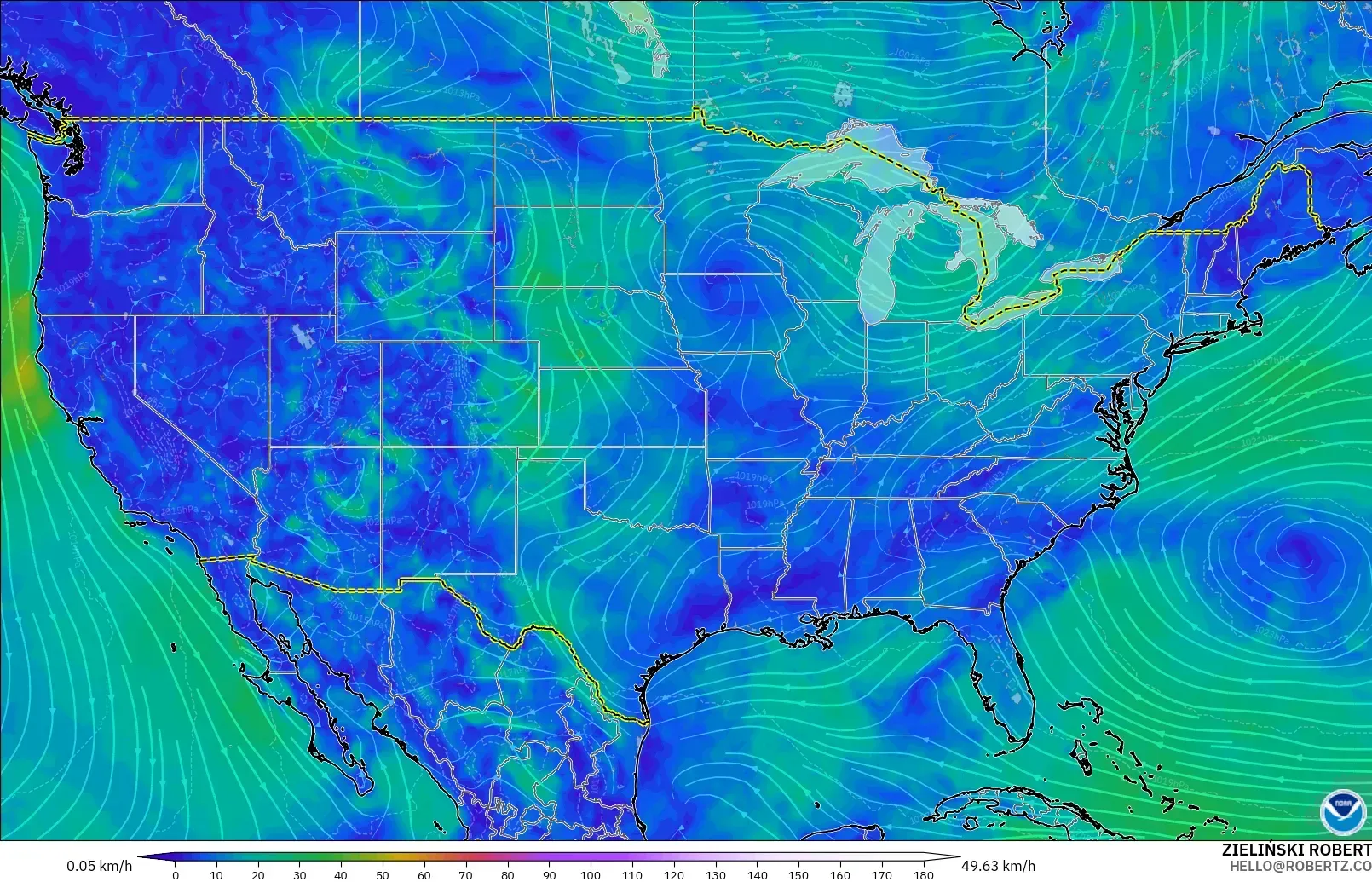 GFS modelo - Estados Unidos, Viento a 10 m