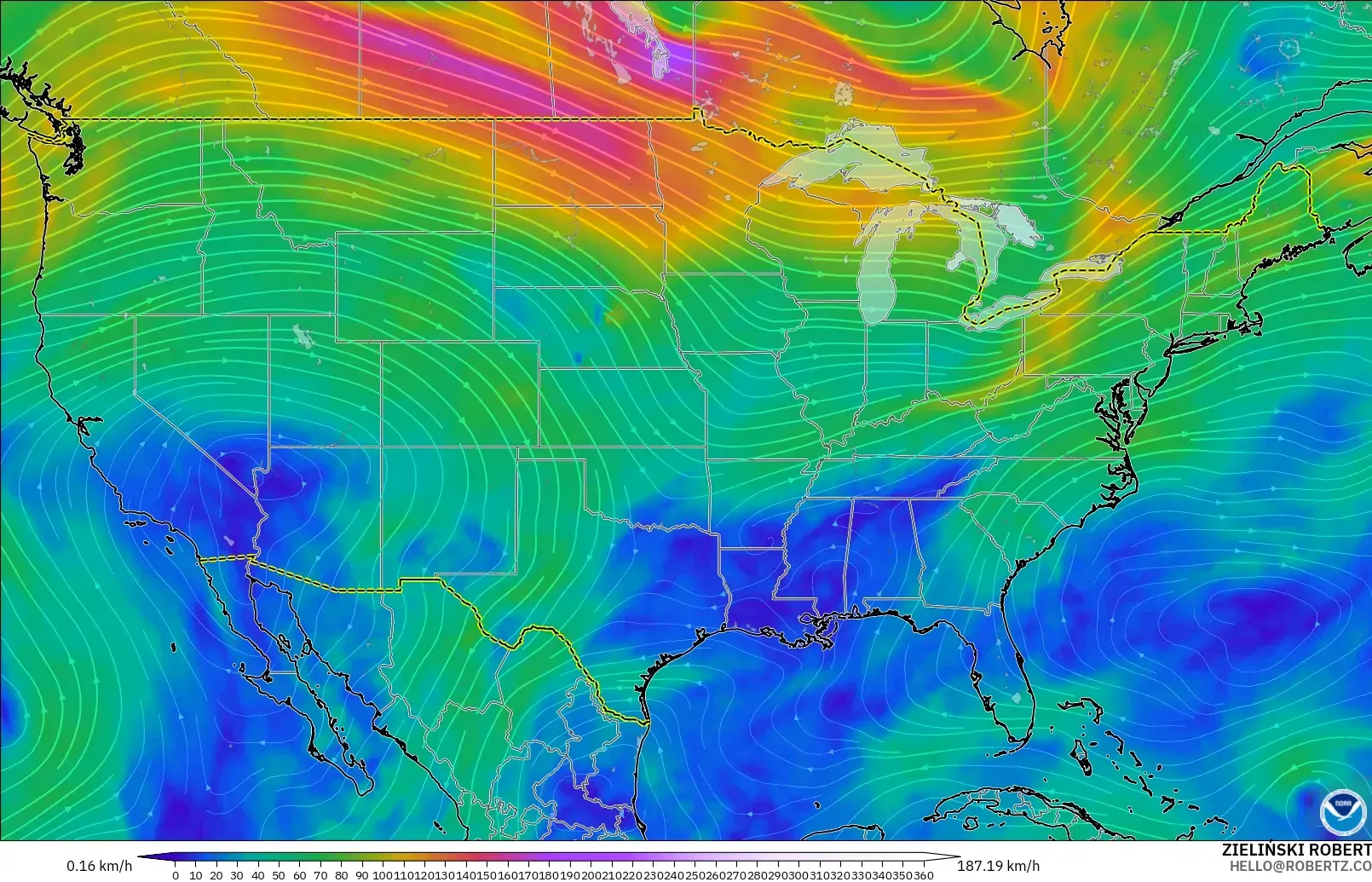 GFS modelo - Estados Unidos, Viento a 300 hPa (corriente en chorro)