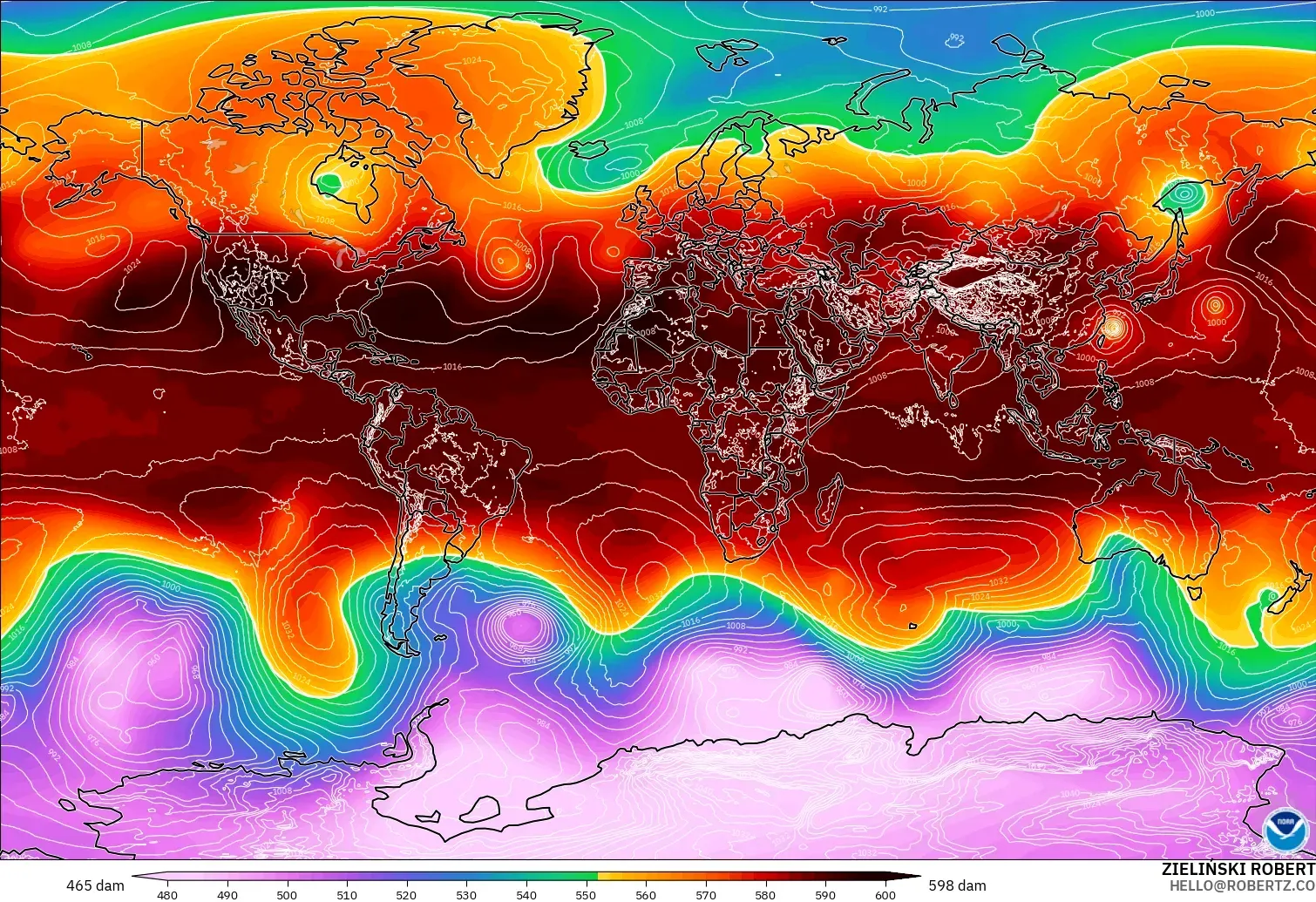 GFS modelo - Mundo, Altura geopotencial a 500 hPa