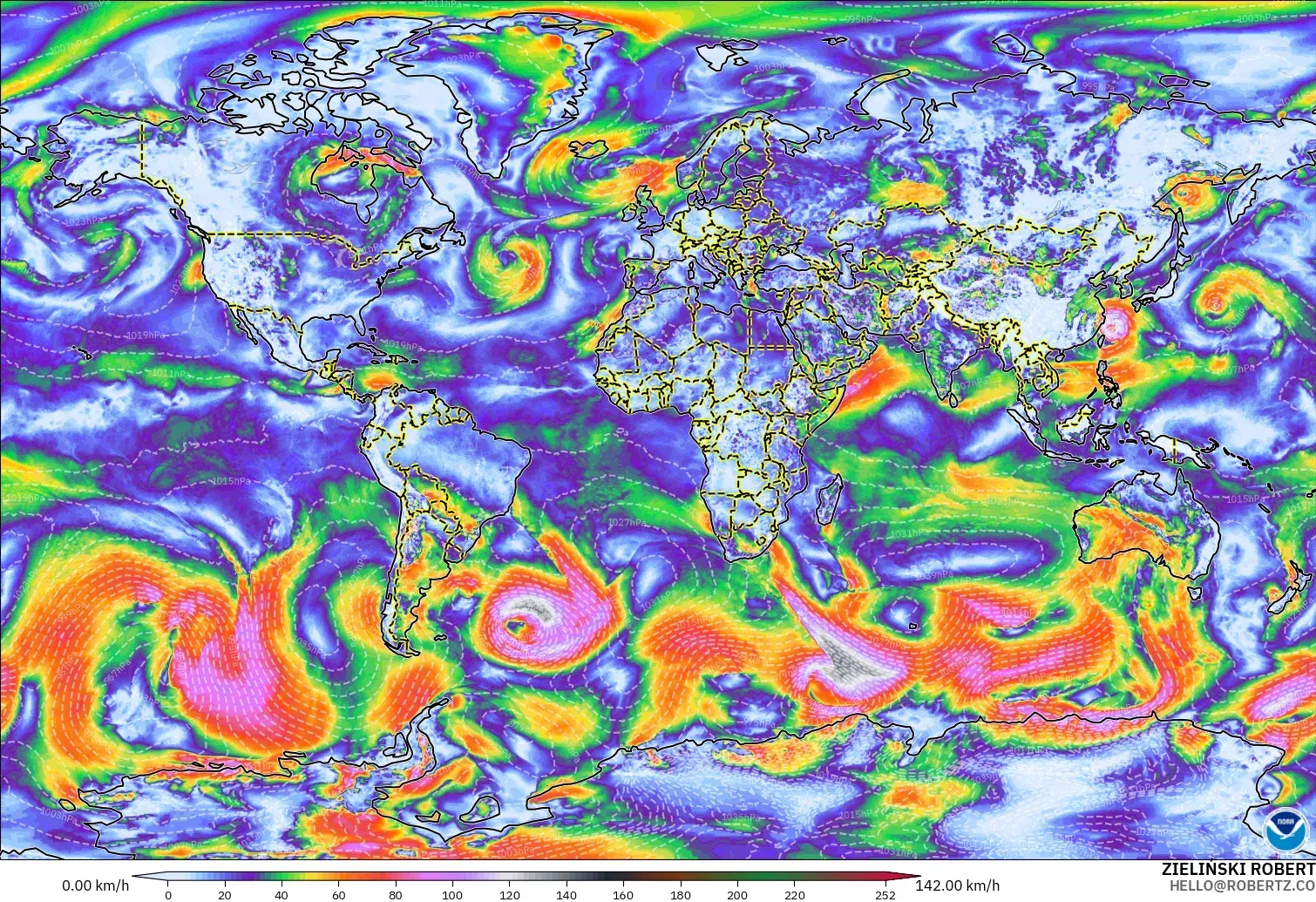 GFS modelo - Mundo, Ráfagas de viento