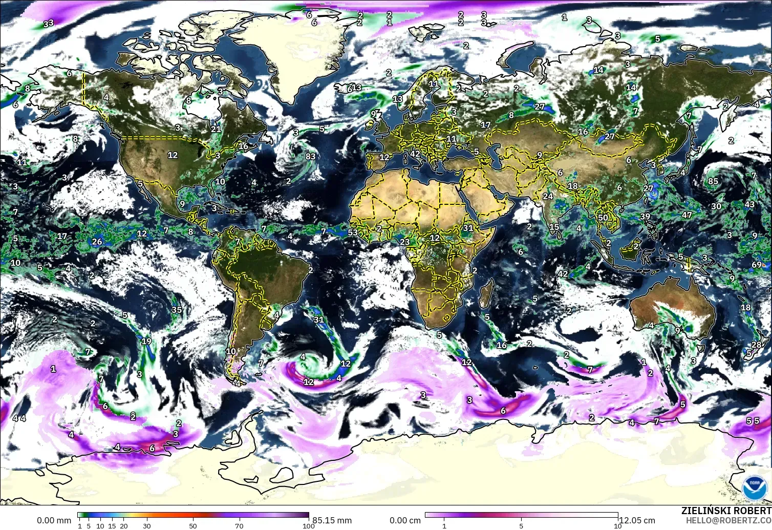 GFS modelo - Mundo, Precipitación, nubes y presión