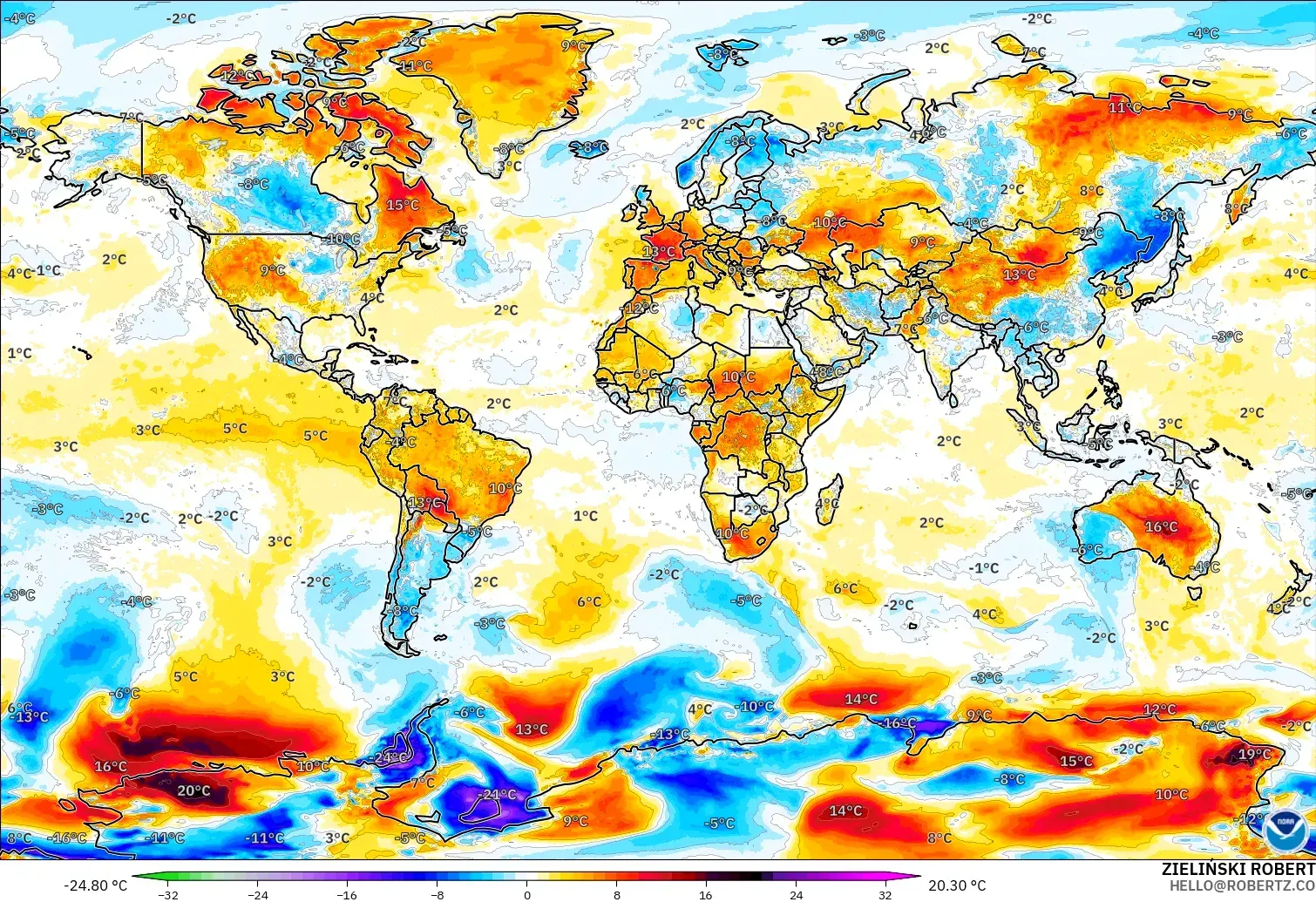 GFS modelo - Mundo, Anomalía de temperatura a 2 m