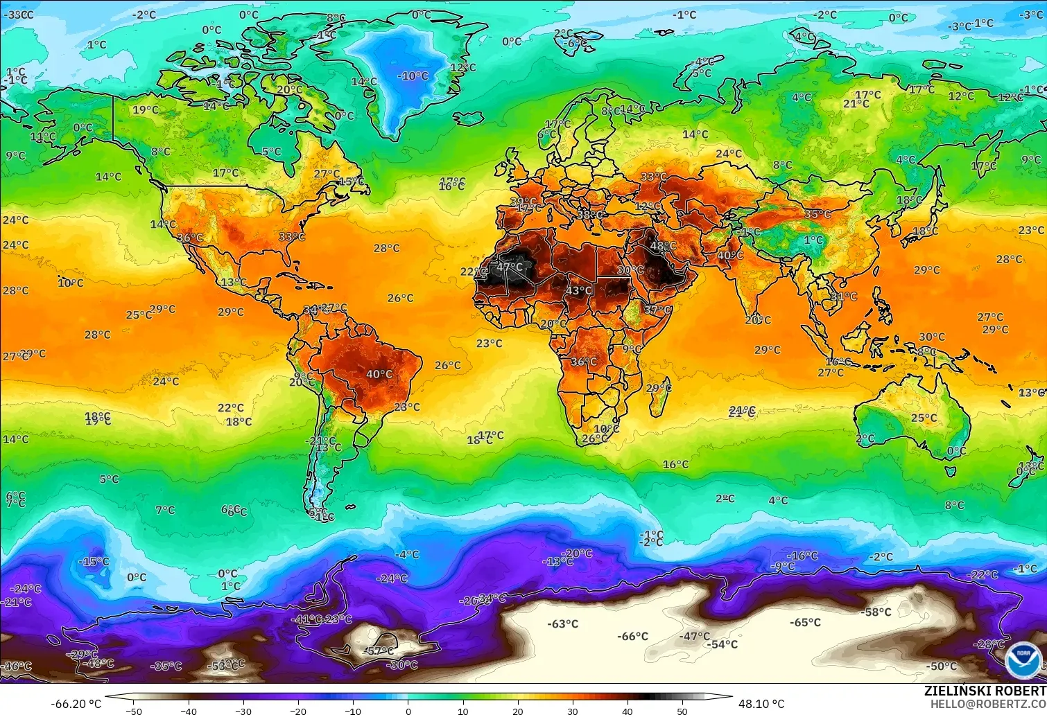 GFS modelo - Mundo, Temperatura a 2 m
