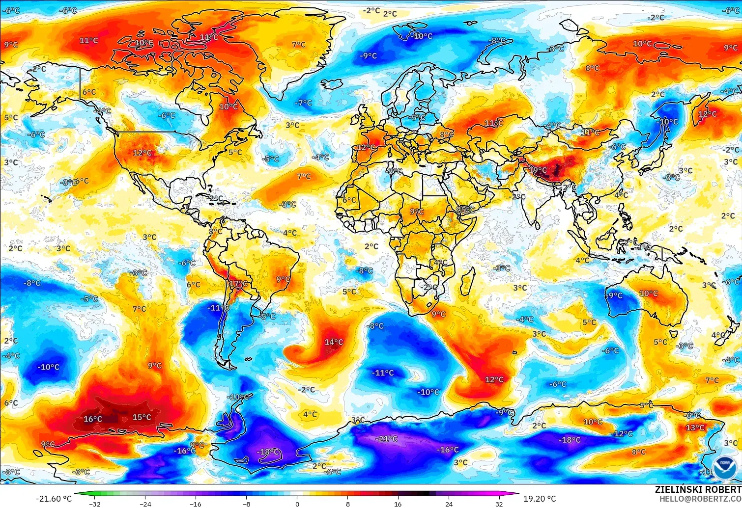GFS modelo - Mundo, Anomalía de temperatura a 850 hPa