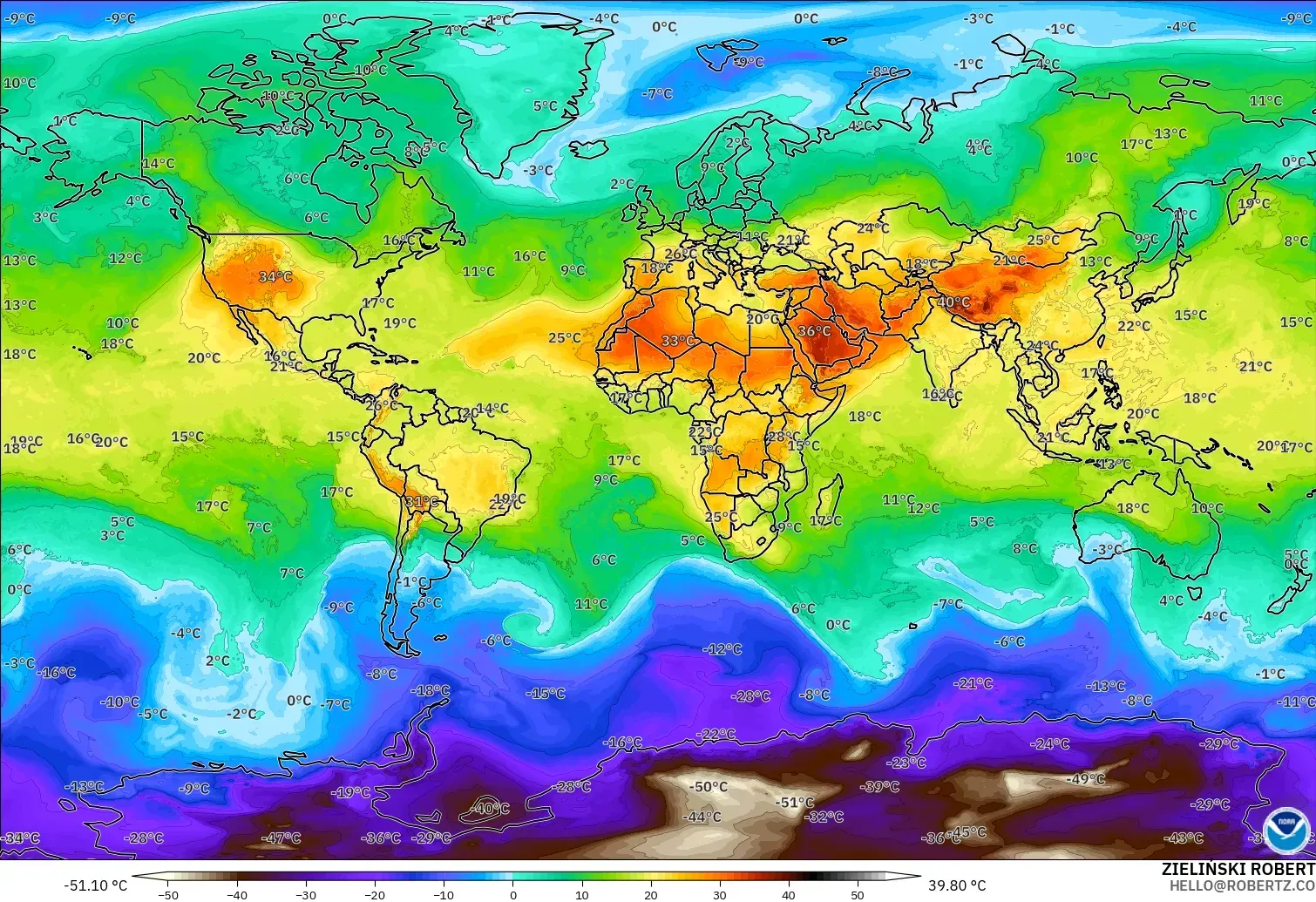 GFS modelo - Mundo, Temperatura a 850 hPa
