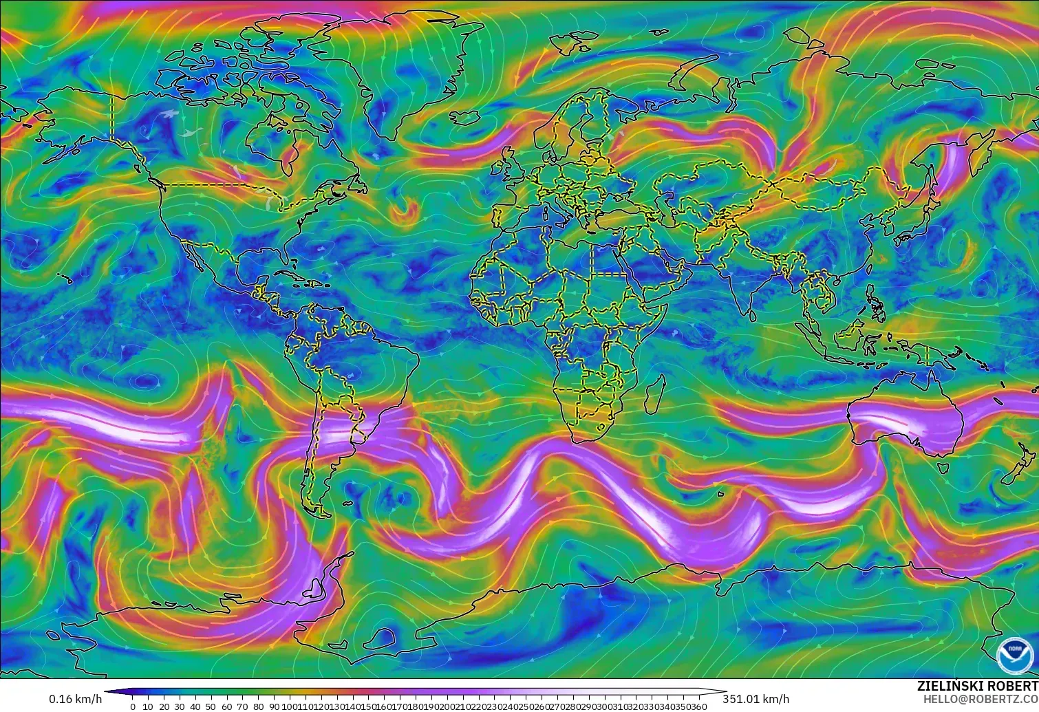 GFS modelo - Mundo, Viento a 300 hPa (corriente en chorro)