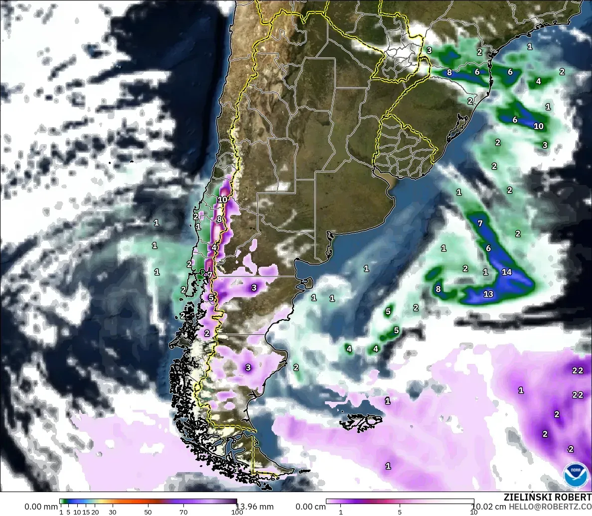 GFS modelo - Argentina, Precipitación, nubes y presión