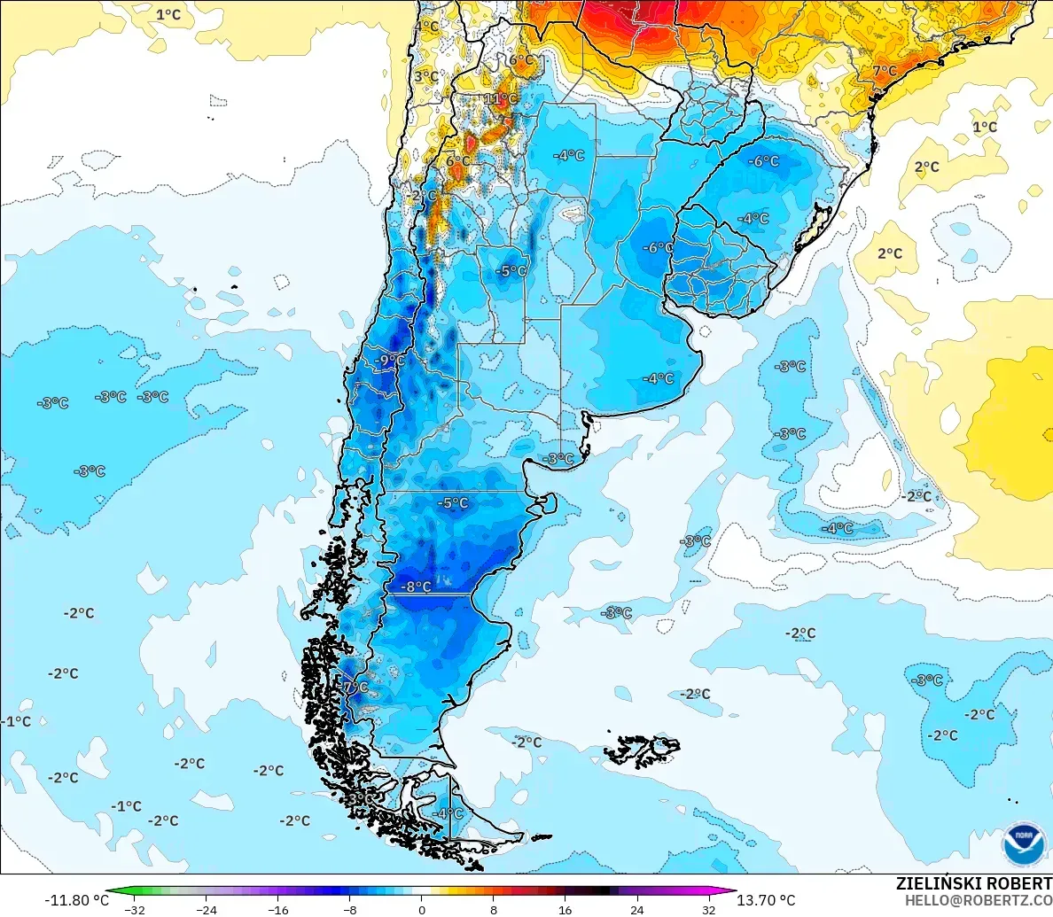 GFS modelo - Argentina, Anomalía de temperatura a 2 m