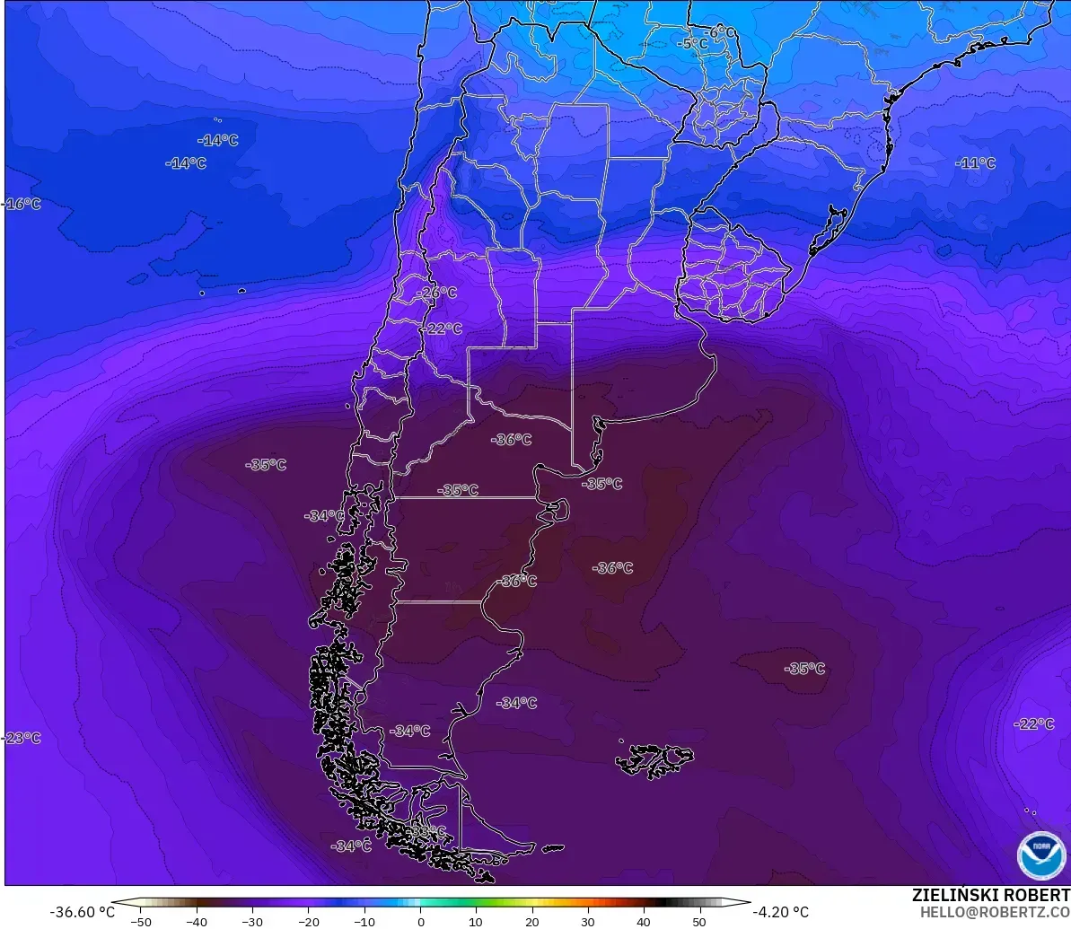 GFS modelo - Argentina, Temperatura a 500 hPa
