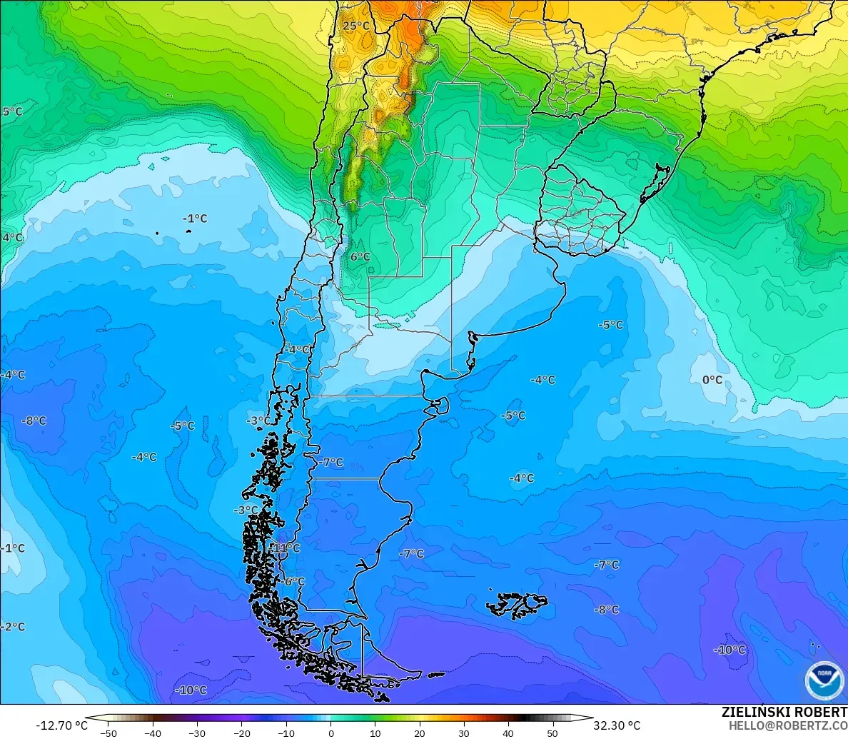 GFS modelo - Argentina, Temperatura a 850 hPa