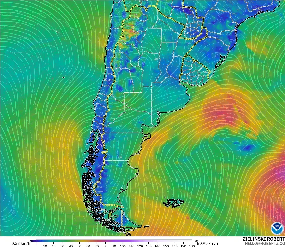 GFS modelo - Argentina, Viento a 10 m