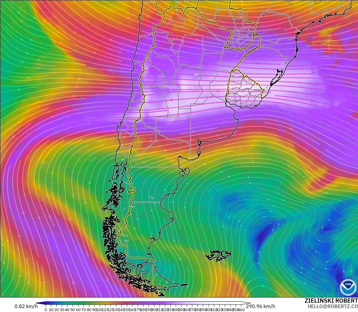 GFS modelo - Argentina, Viento a 300 hPa (corriente en chorro)