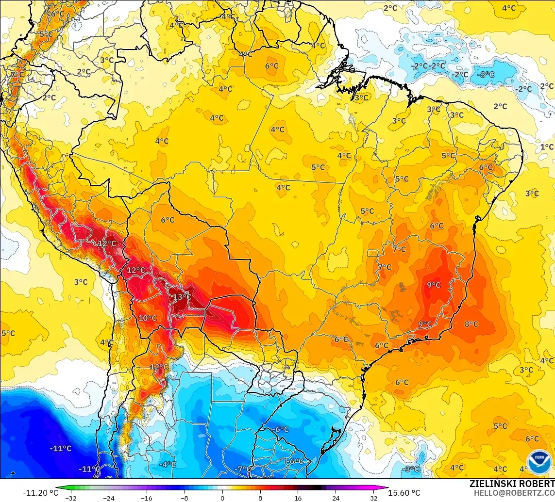 GFS modelo - Brasil, Anomalía de temperatura a 850 hPa