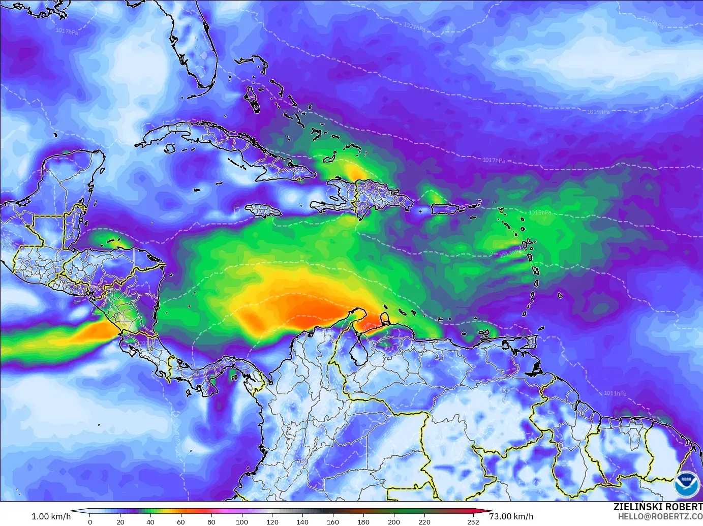 GFS modelo - Caribe, Ráfagas de viento