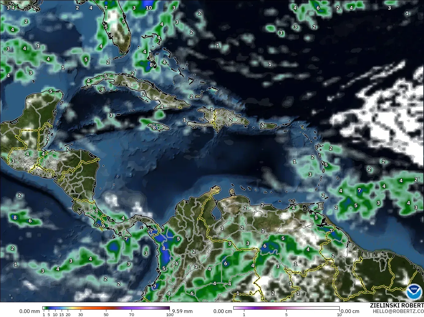 GFS modelo - Caribe, Precipitación, nubes y presión