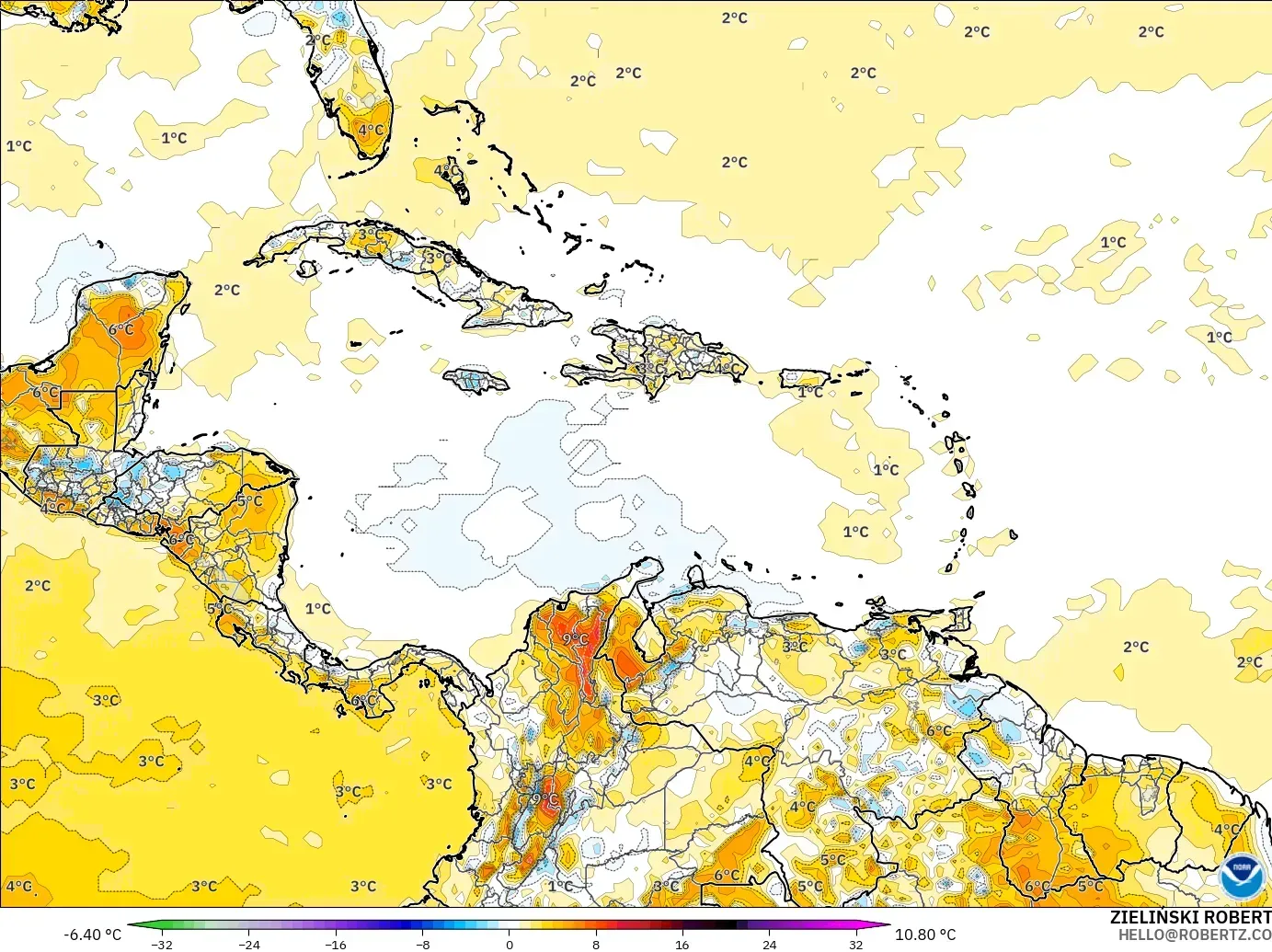 GFS modelo - Caribe, Anomalía de temperatura a 2 m