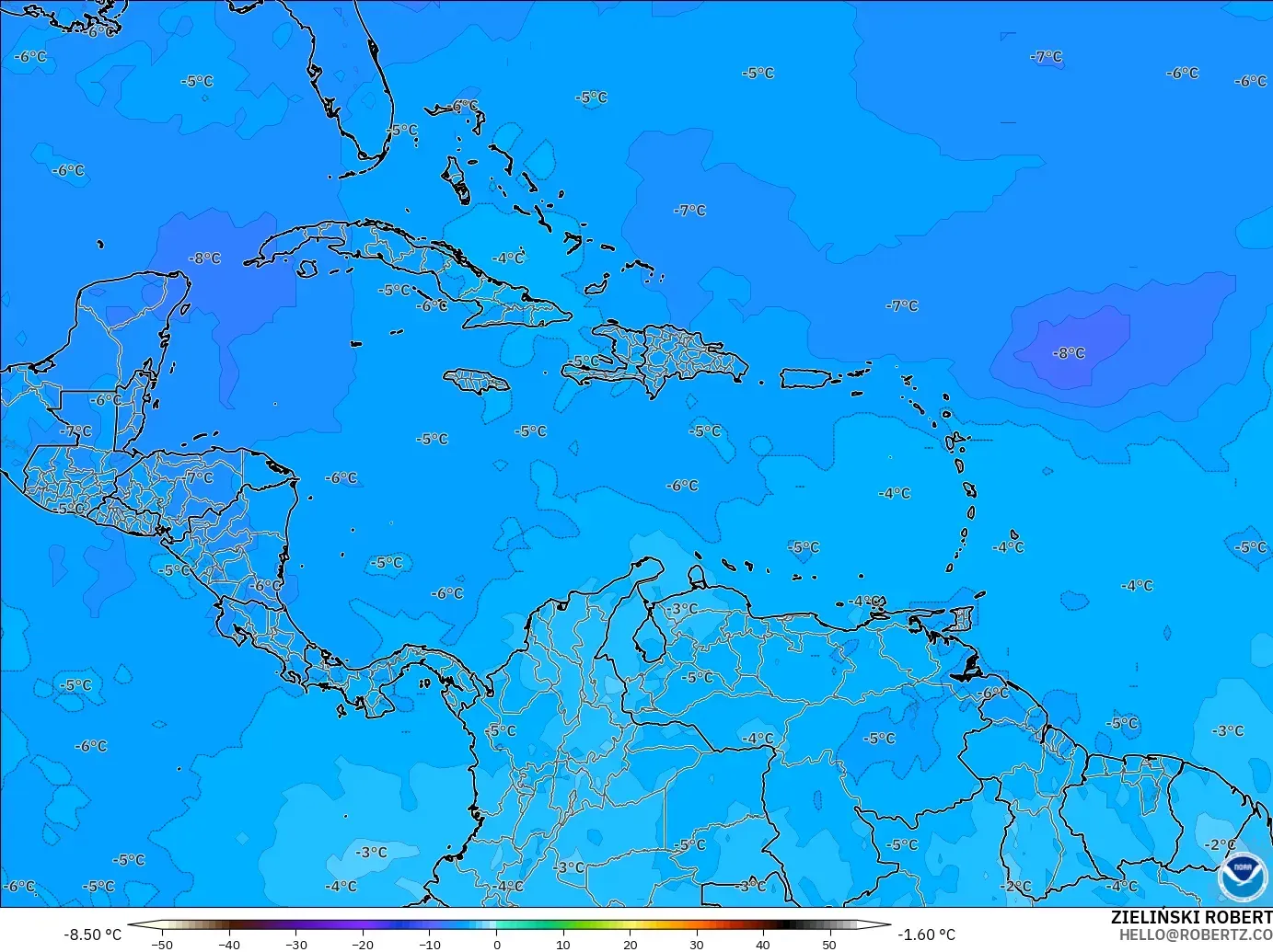 GFS modelo - Caribe, Temperatura a 500 hPa