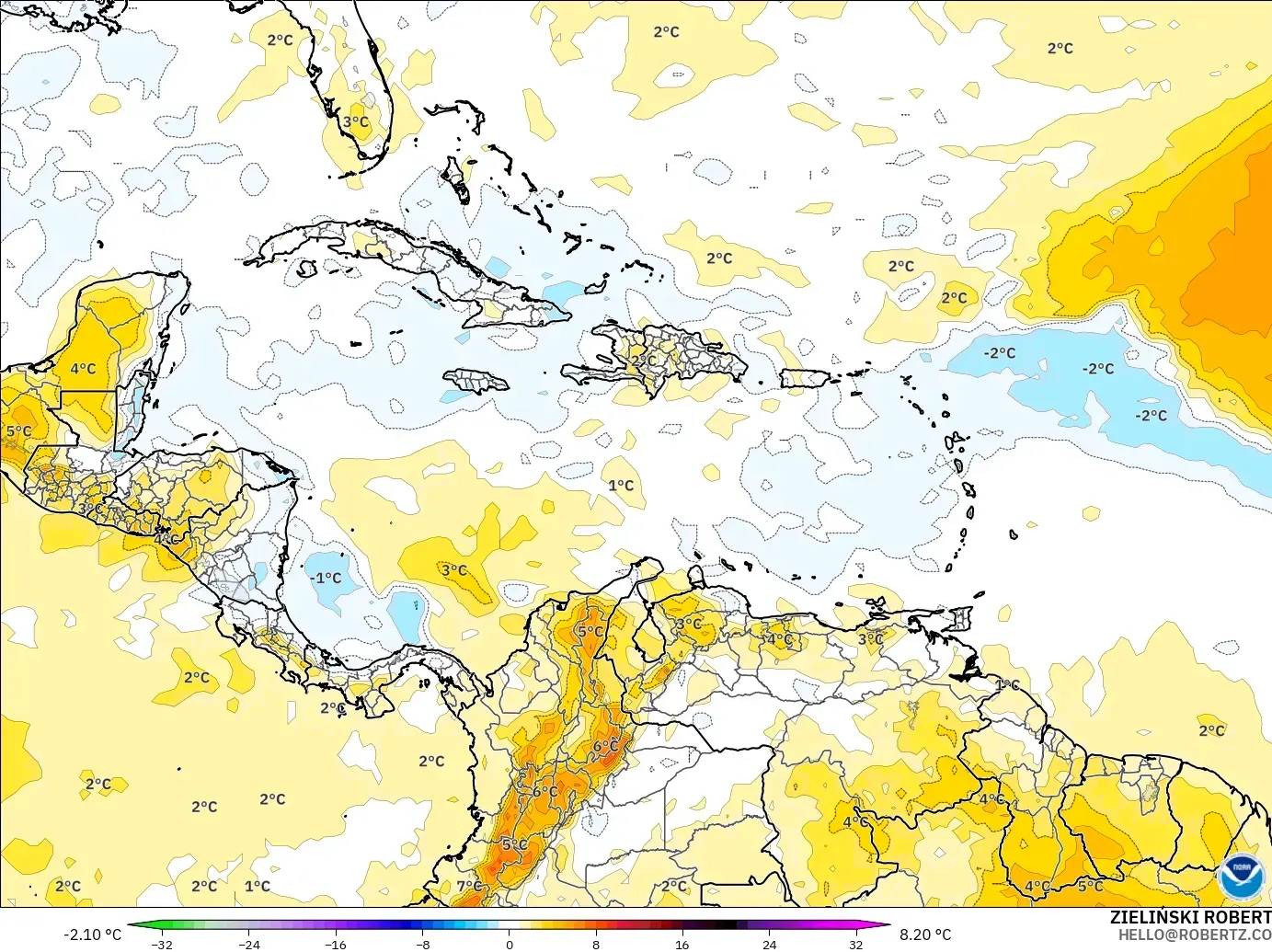 GFS modelo - Caribe, Anomalía de temperatura a 850 hPa