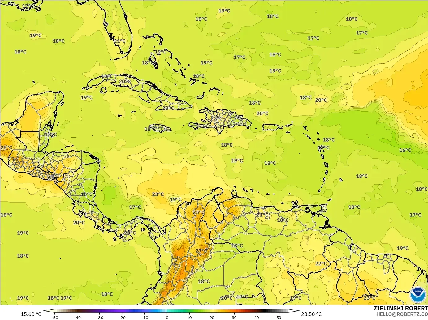 GFS modelo - Caribe, Temperatura a 850 hPa