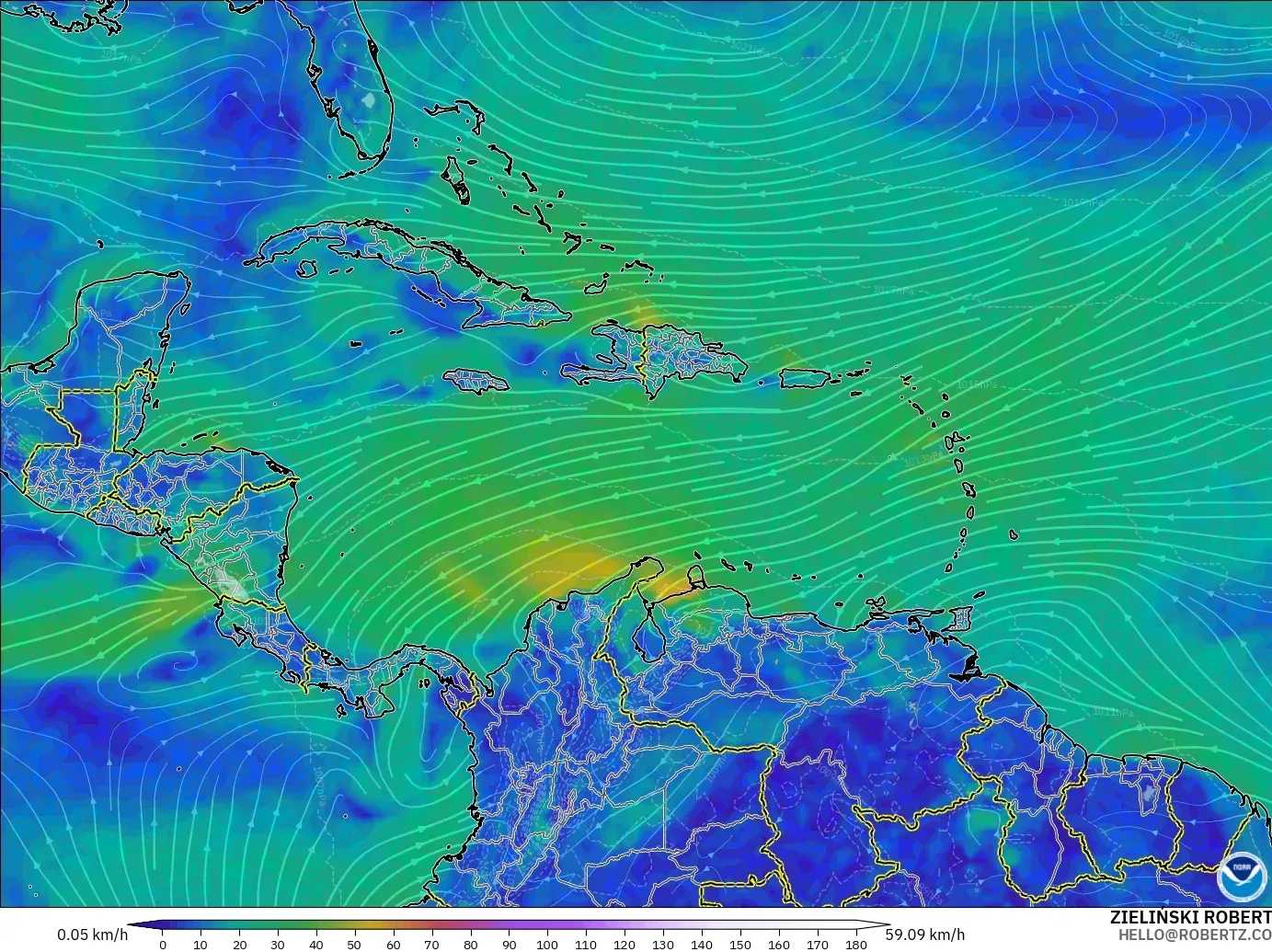GFS modelo - Caribe, Viento a 10 m