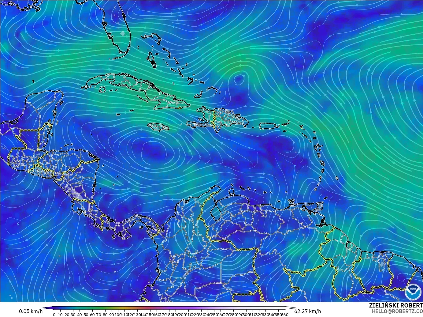 GFS modelo - Caribe, Viento a 300 hPa (corriente en chorro)