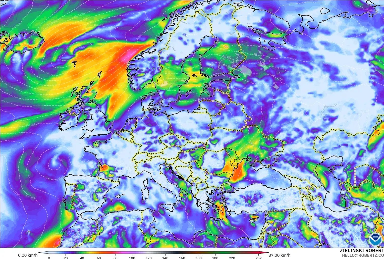 GFS modelo - Europa, Ráfagas de viento