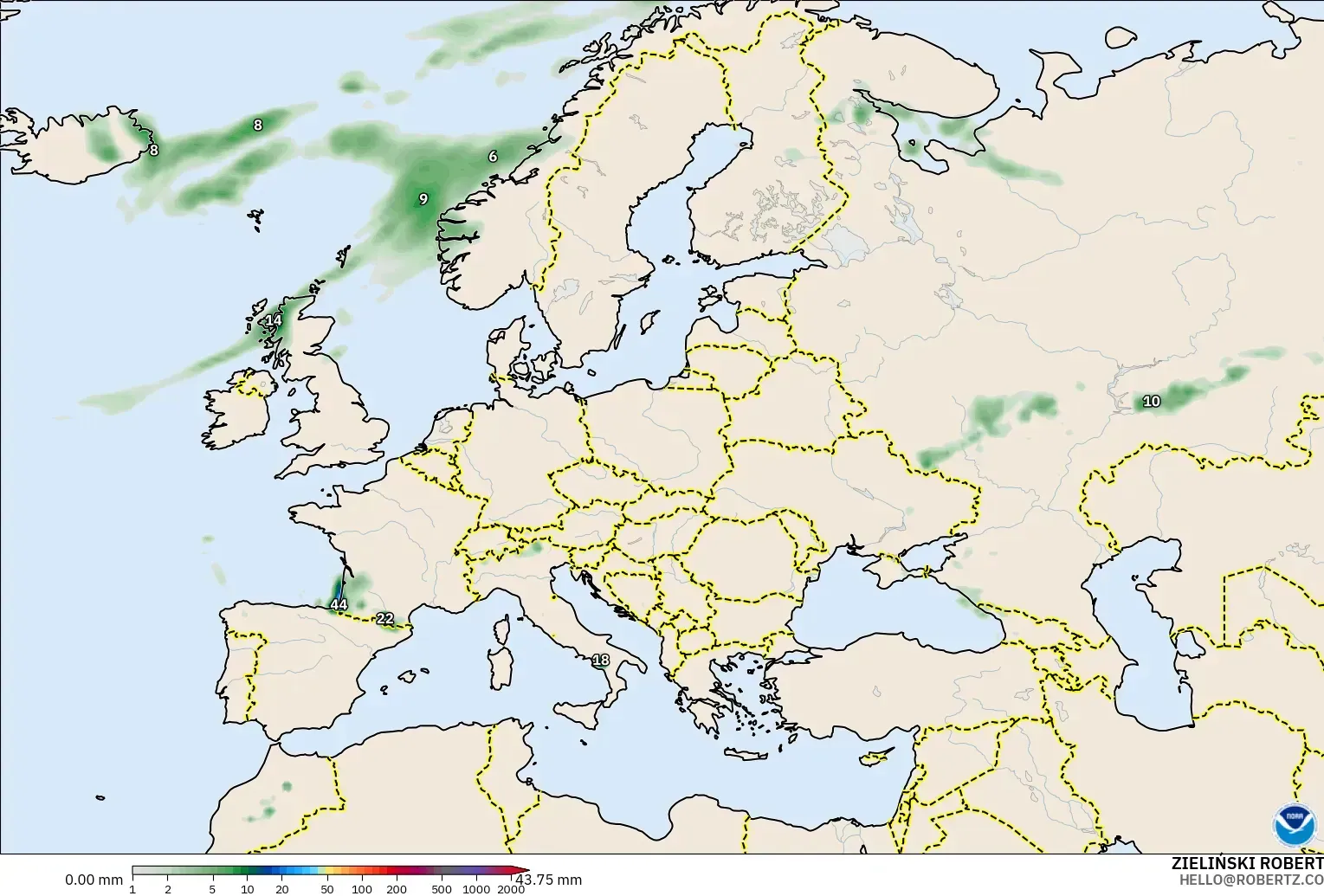GFS modelo - Europa, Acumulación de precipitación