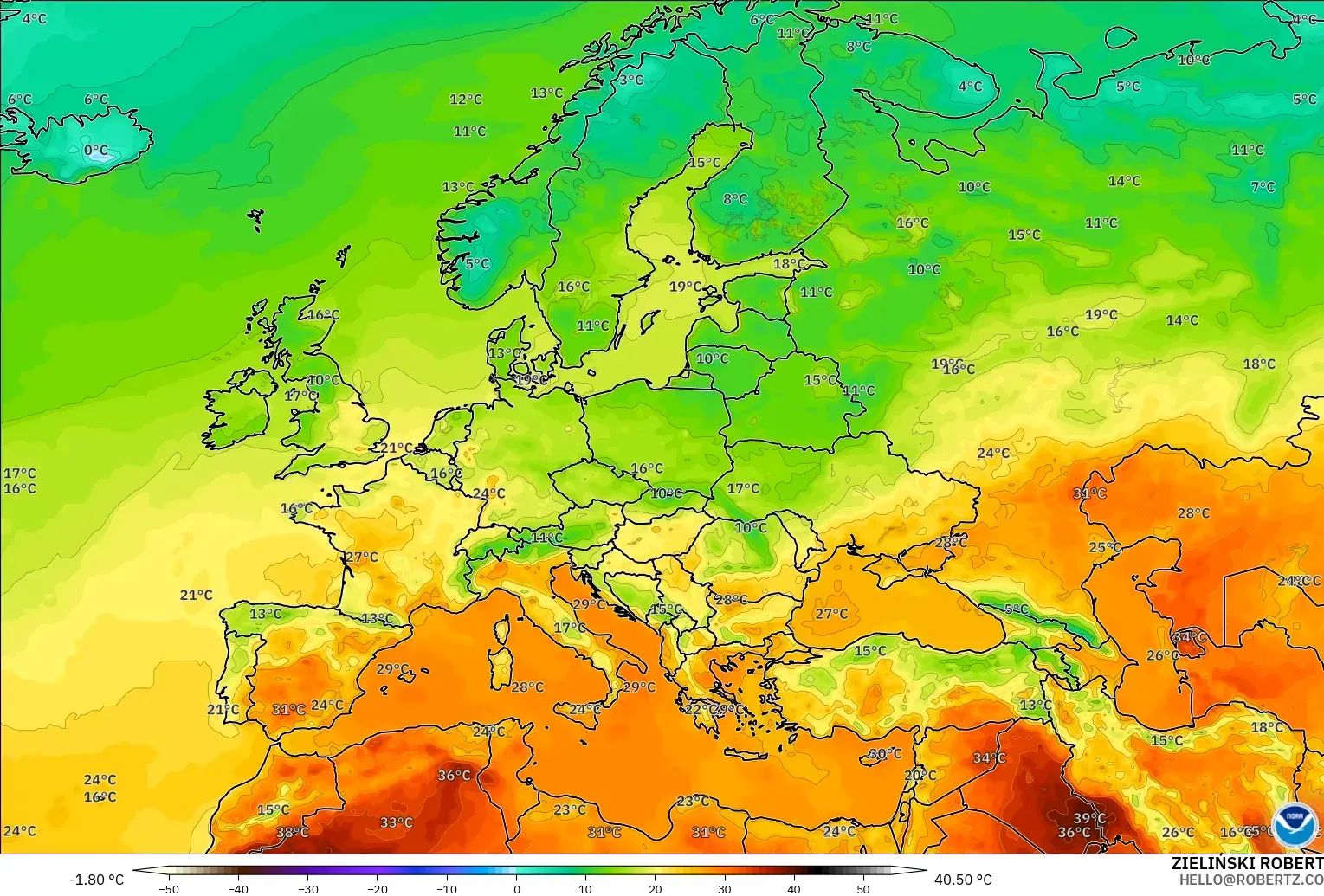 GFS modelo - Europa, Temperatura a 2 m