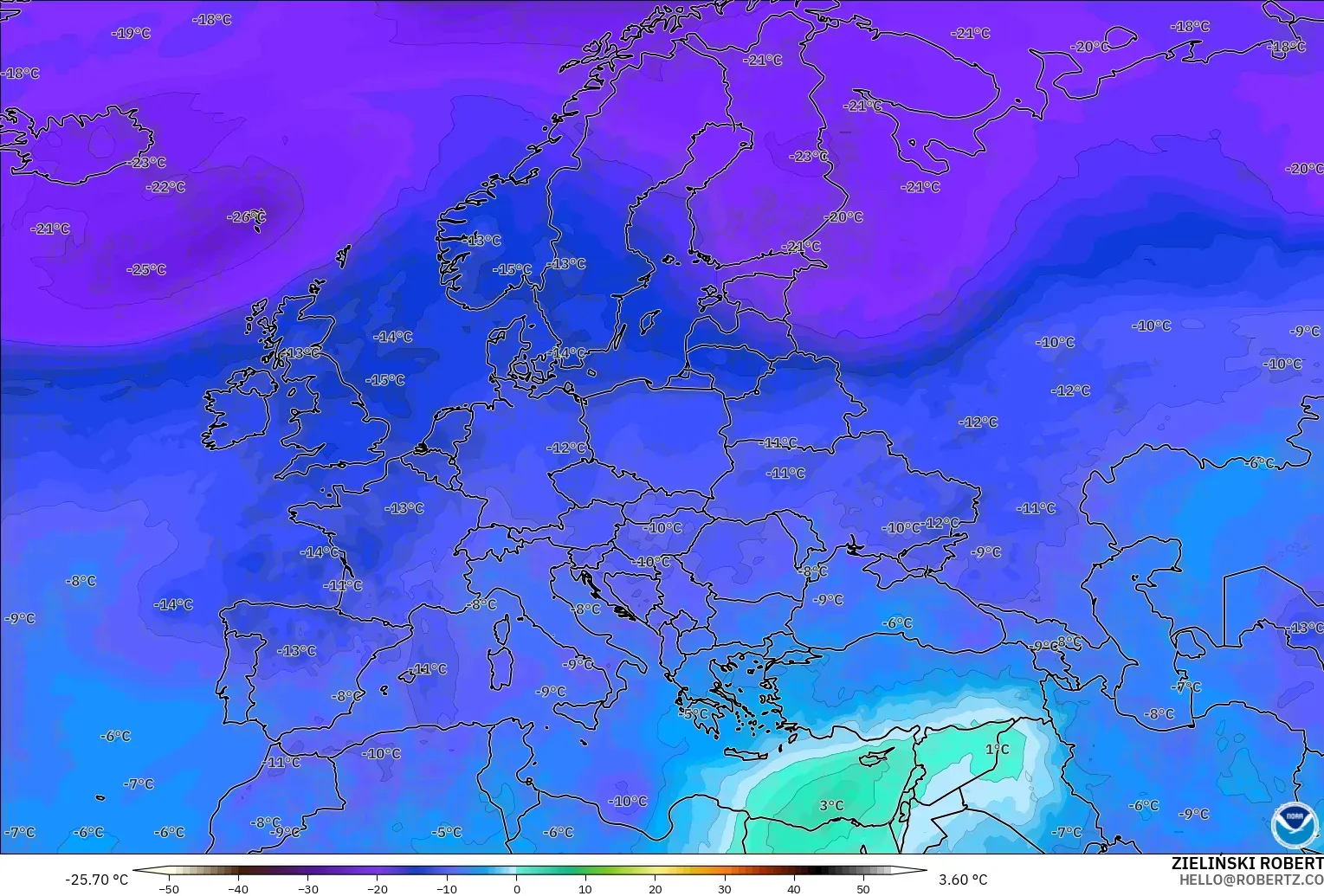 GFS modelo - Europa, Temperatura a 500 hPa