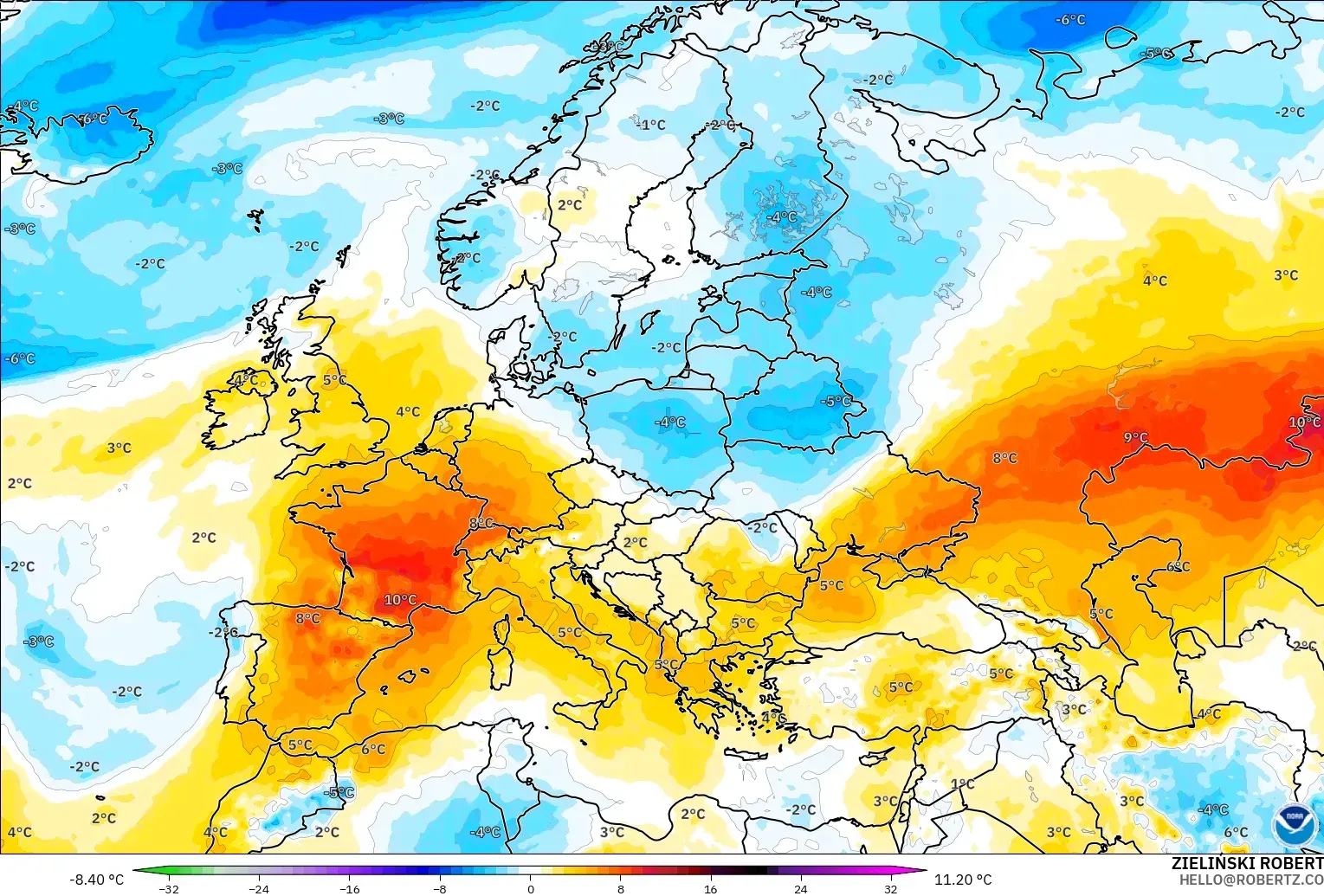 GFS modelo - Europa, Anomalía de temperatura a 850 hPa