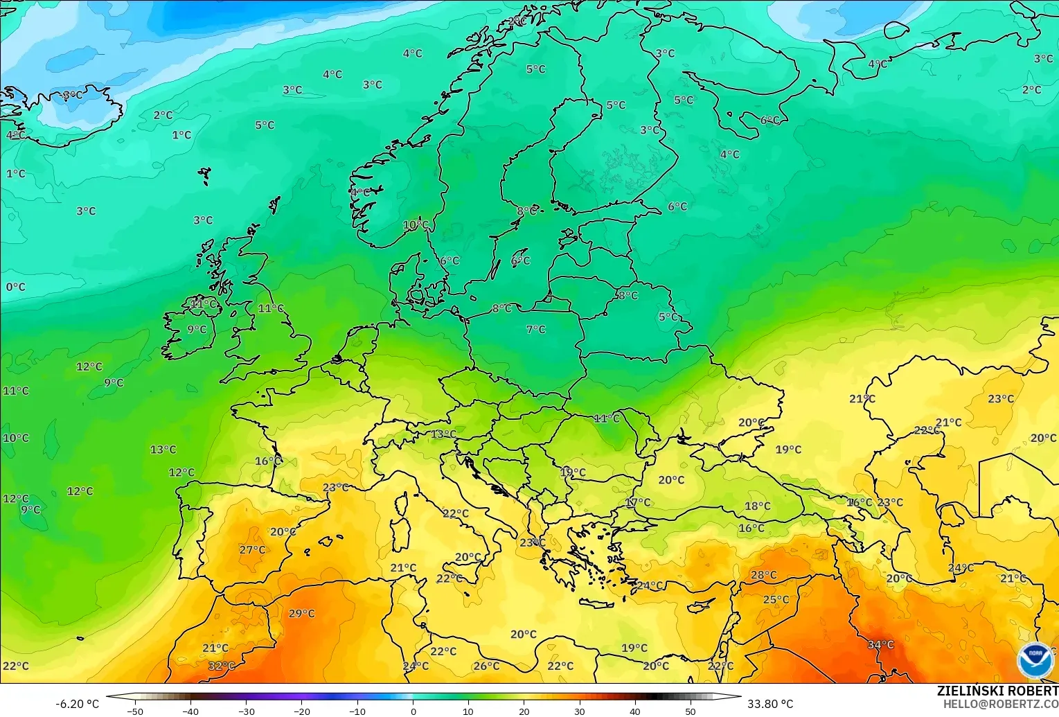 GFS modelo - Europa, Temperatura a 850 hPa
