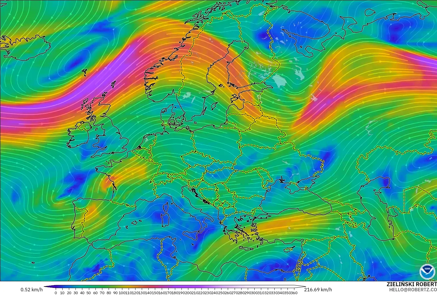 GFS modelo - Europa, Viento a 300 hPa (corriente en chorro)