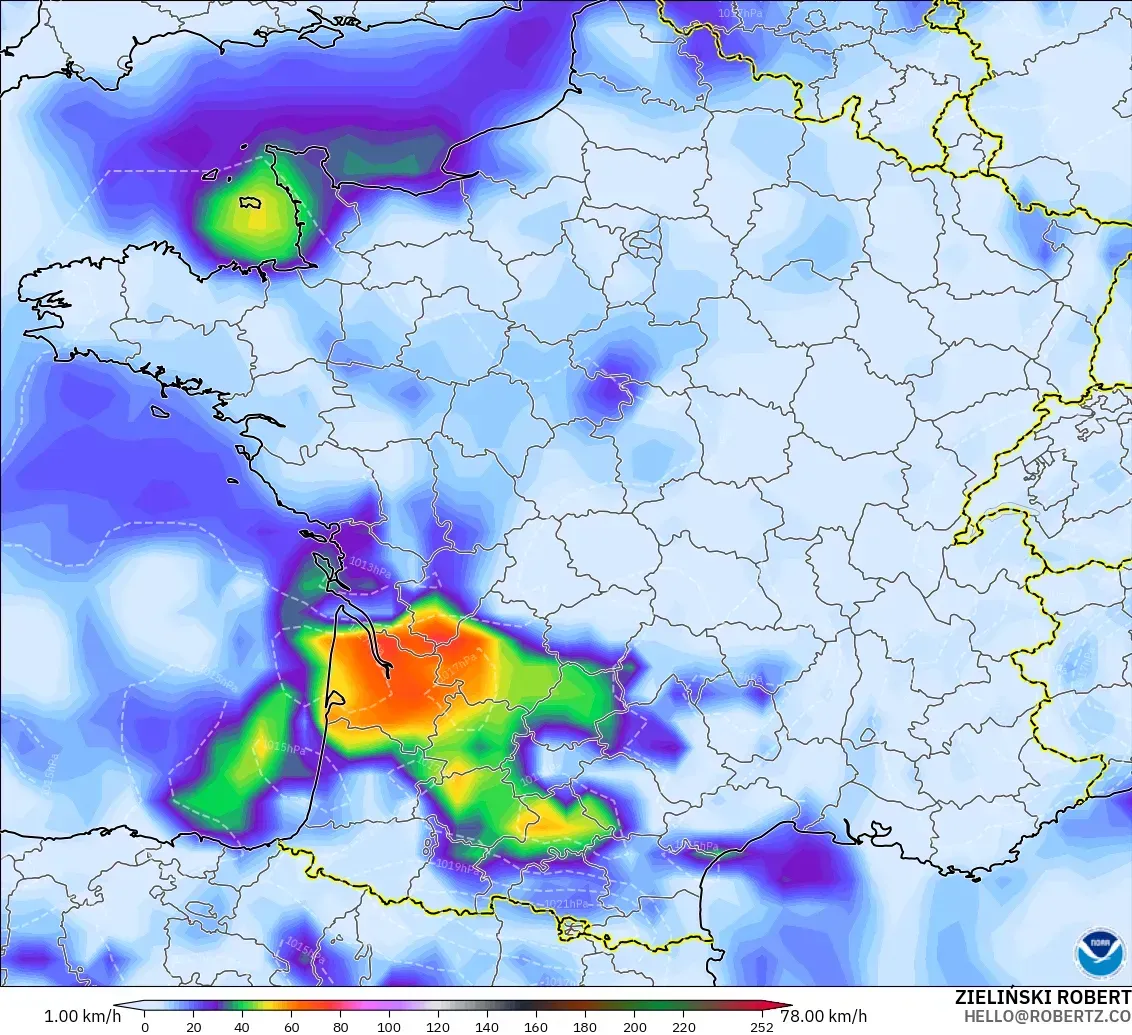 GFS modelo - Francia, Ráfagas de viento