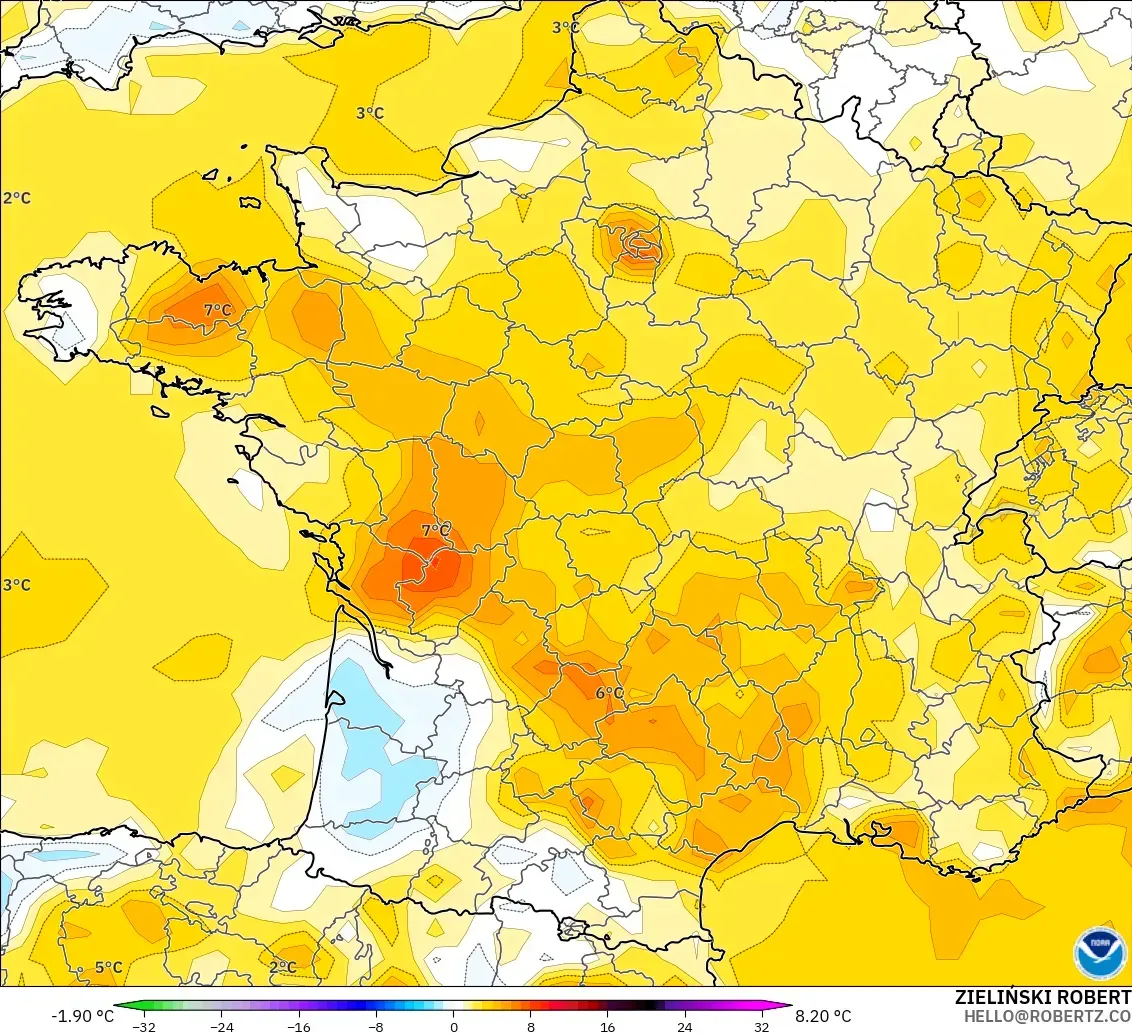GFS modelo - Francia, Anomalía de temperatura a 2 m
