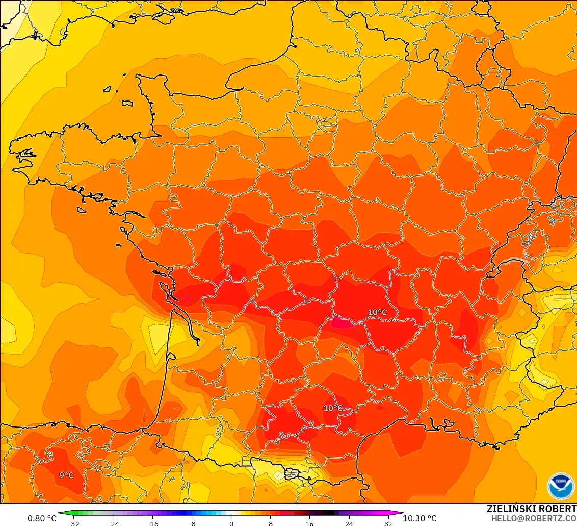 GFS modelo - Francia, Anomalía de temperatura a 850 hPa