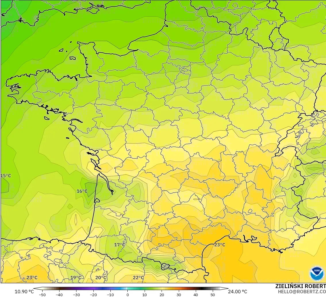 GFS modelo - Francia, Temperatura a 850 hPa
