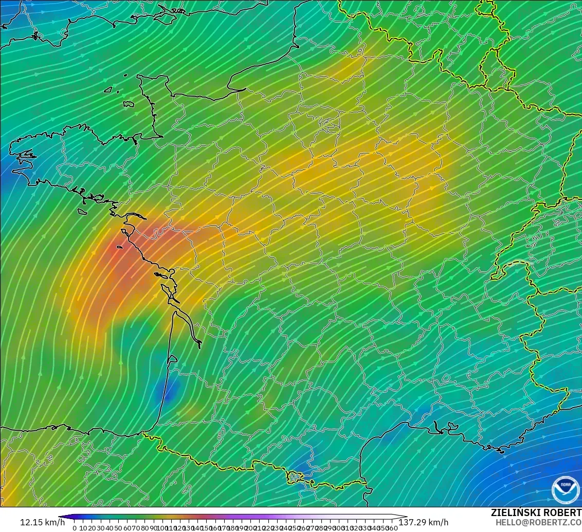 GFS modelo - Francia, Viento a 300 hPa (corriente en chorro)