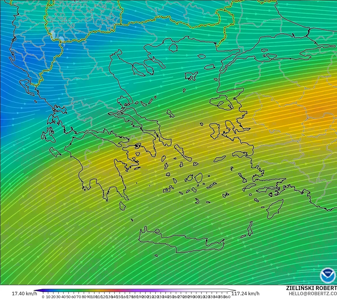 GFS modelo - Grecia, Viento a 300 hPa (corriente en chorro)